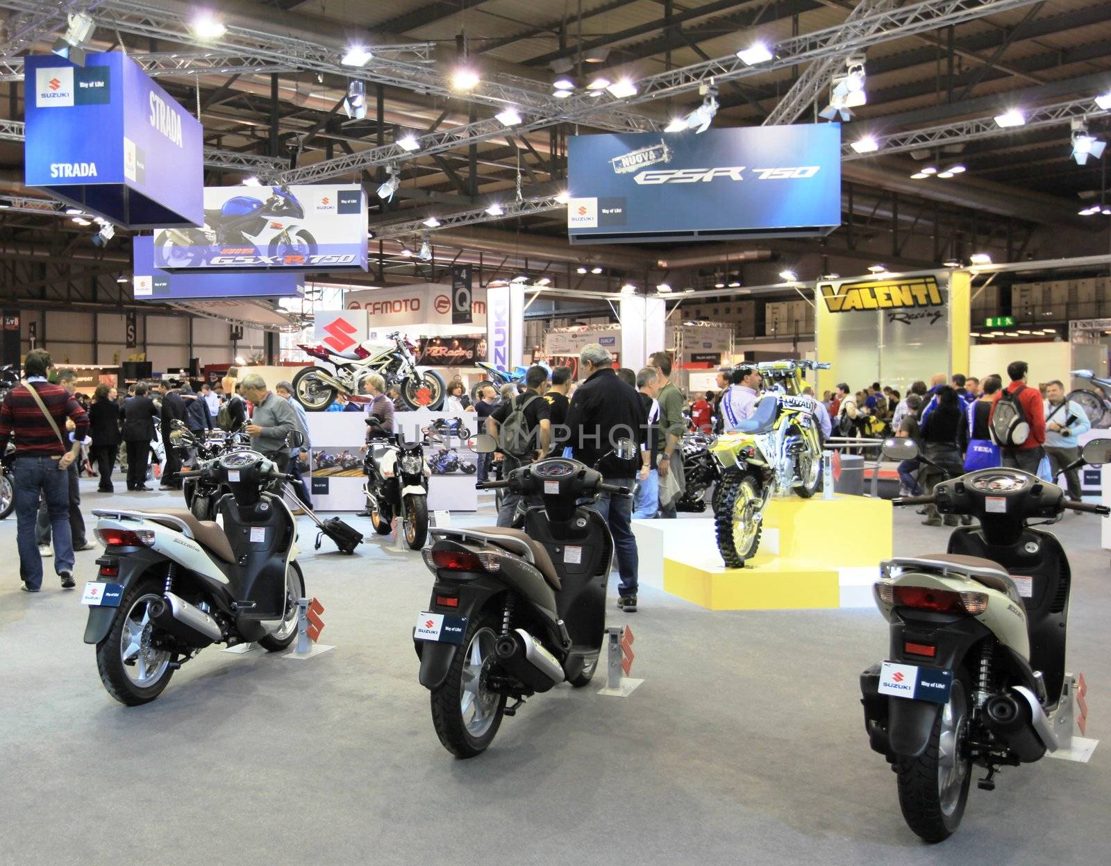 Details of motorcycles in exhibition at EICMA, International Motorcycle Exhibition in Milan, Italy.