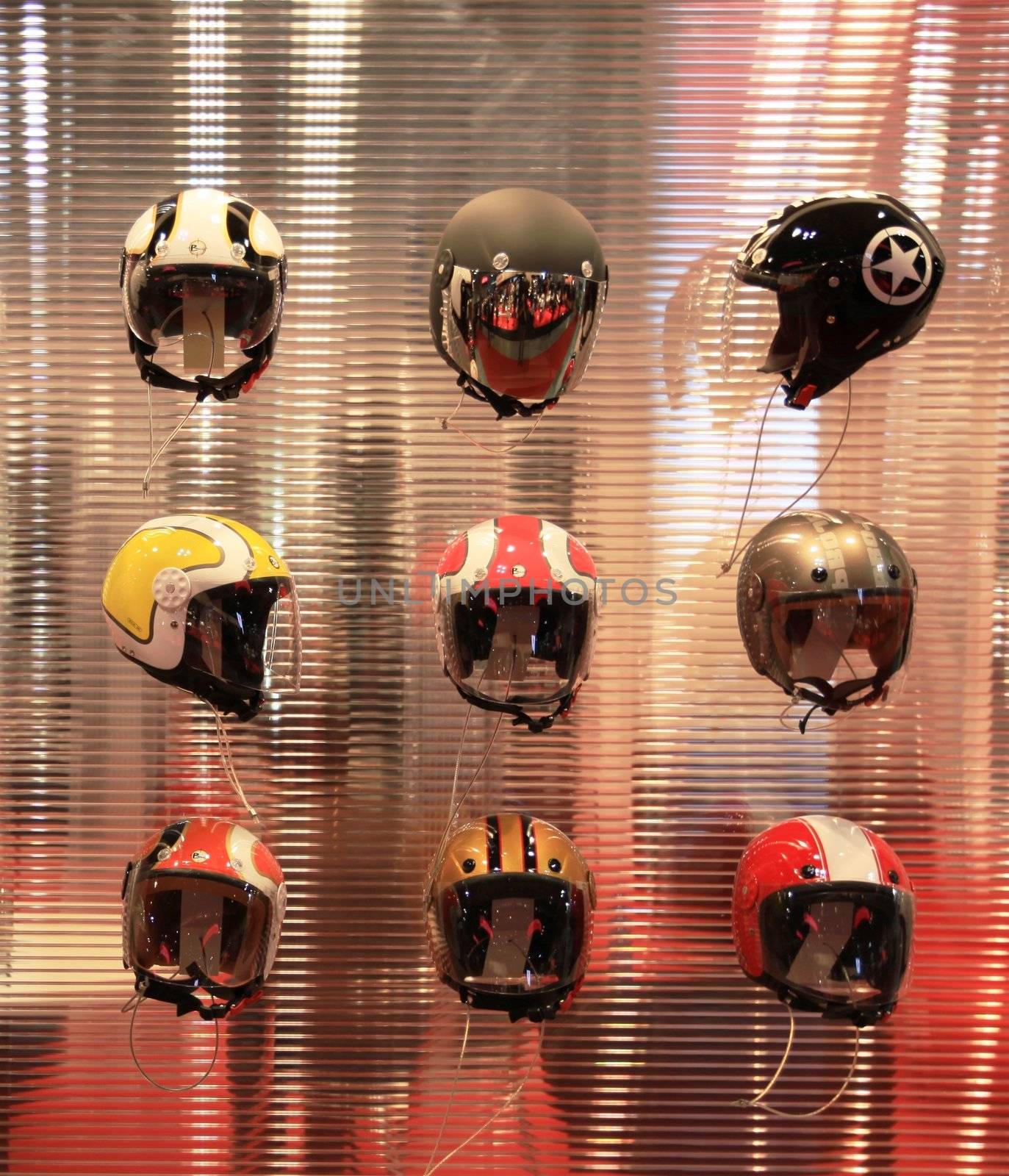 Details of brand new helmets exhibition area at EICMA, International Motorcycle Exhibition in Milan, Italy.