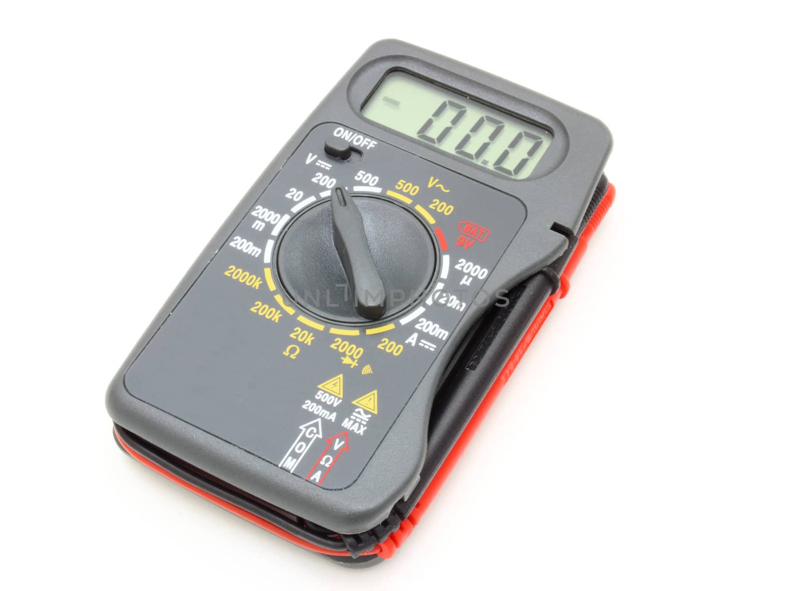 Multimeter of black color with a red and black wire on a white background