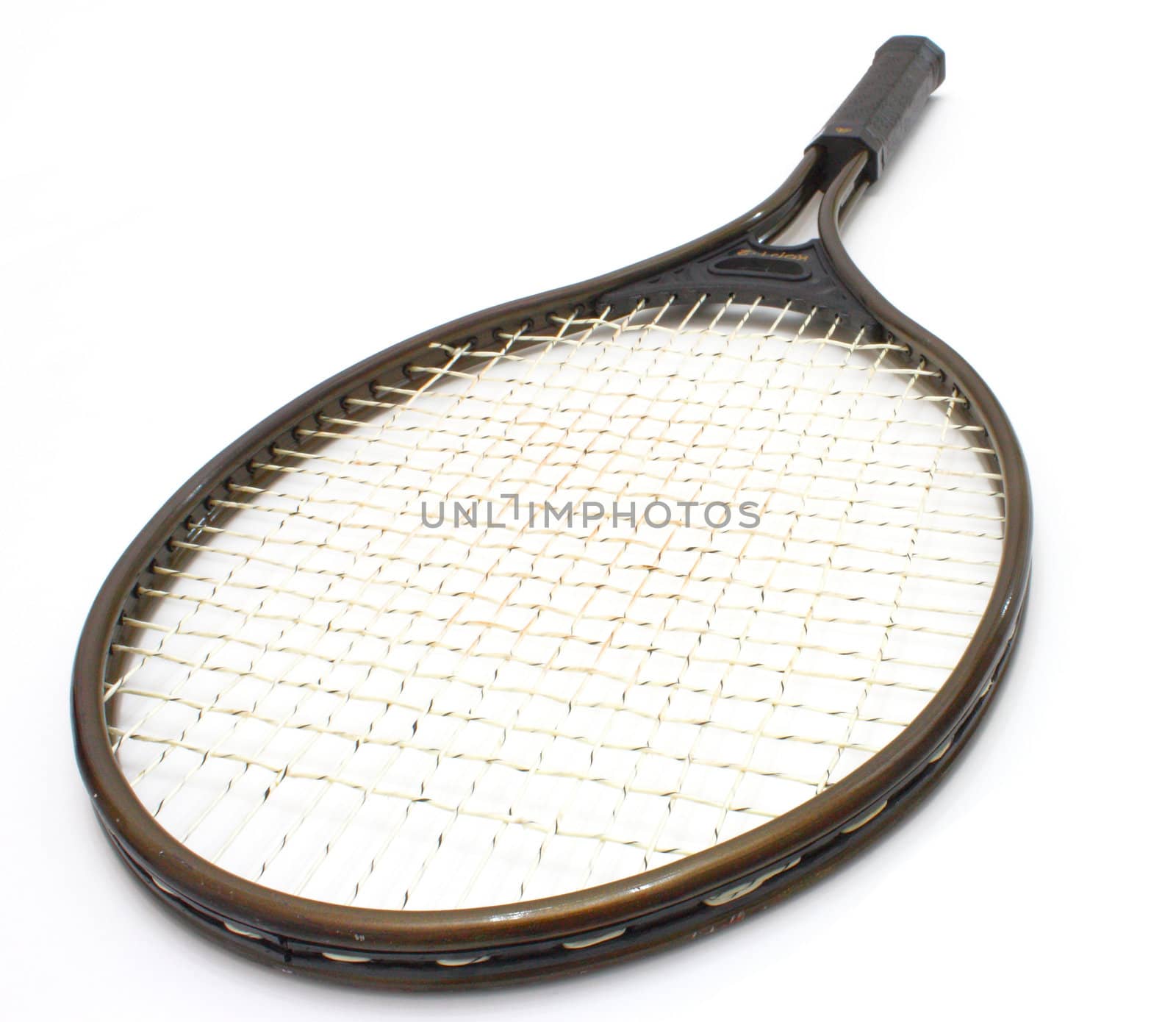 Tennis racket of brown color on a white background