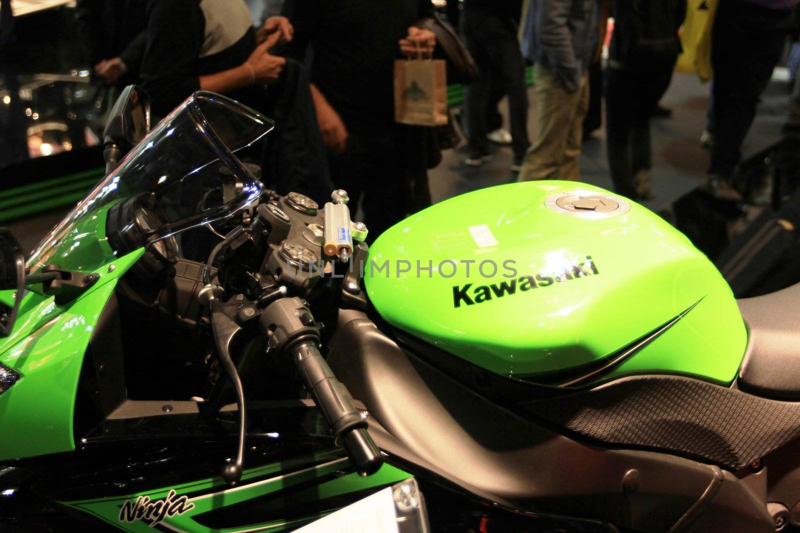 Details of Kawasaki motorcycle at EICMA, International Motorcycle Exhibition in Milan, Italy.