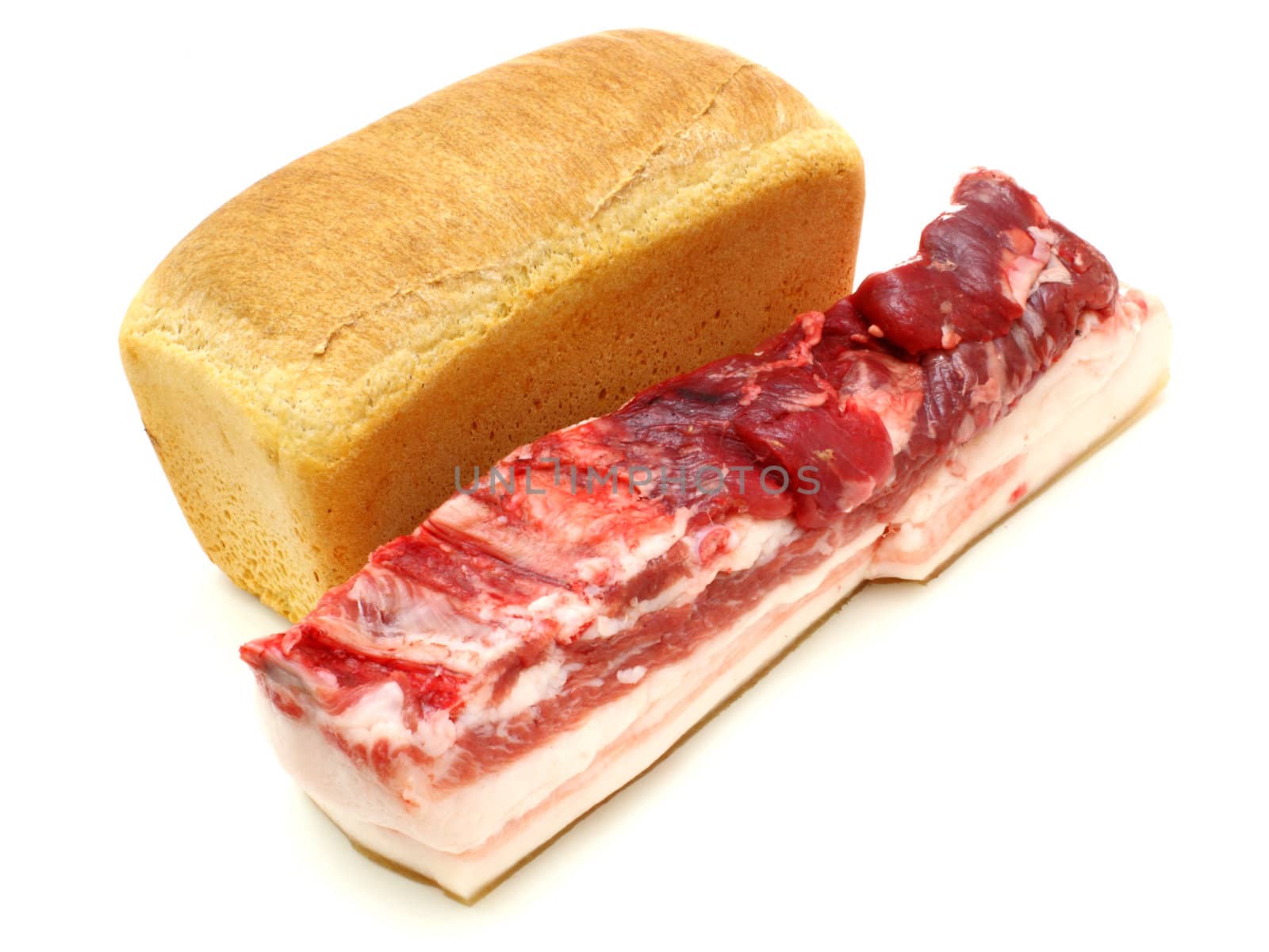 bread and the big piece of meat on a white background