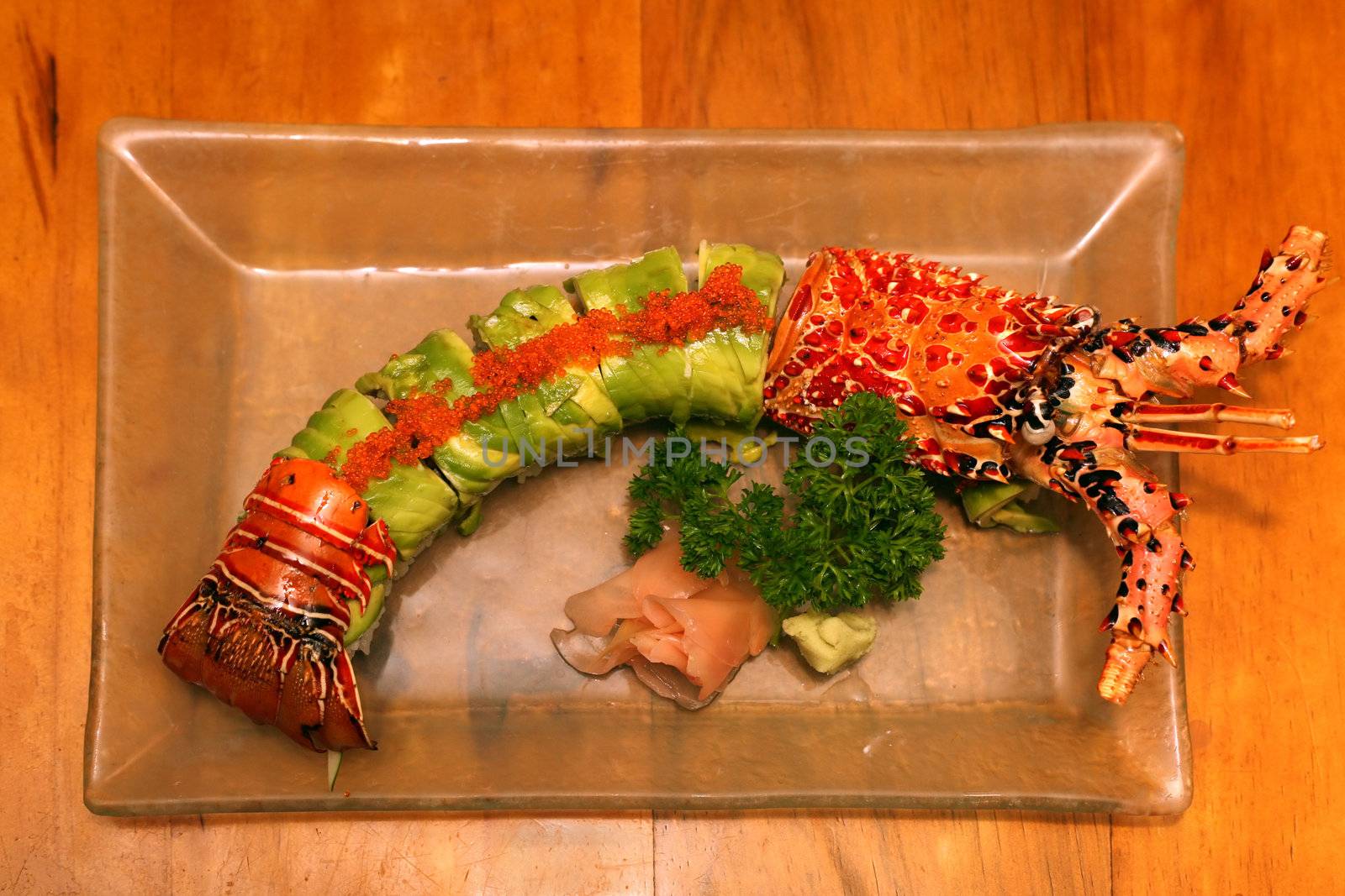 Set of sushi as the lobster on a transparent plate