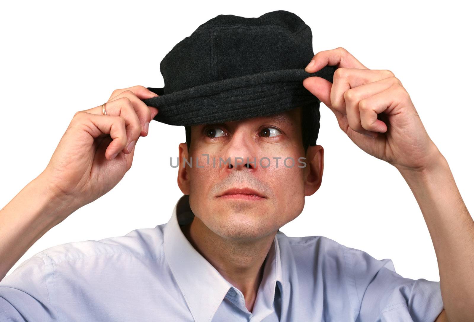Portrait of the person in a hat isolated in white