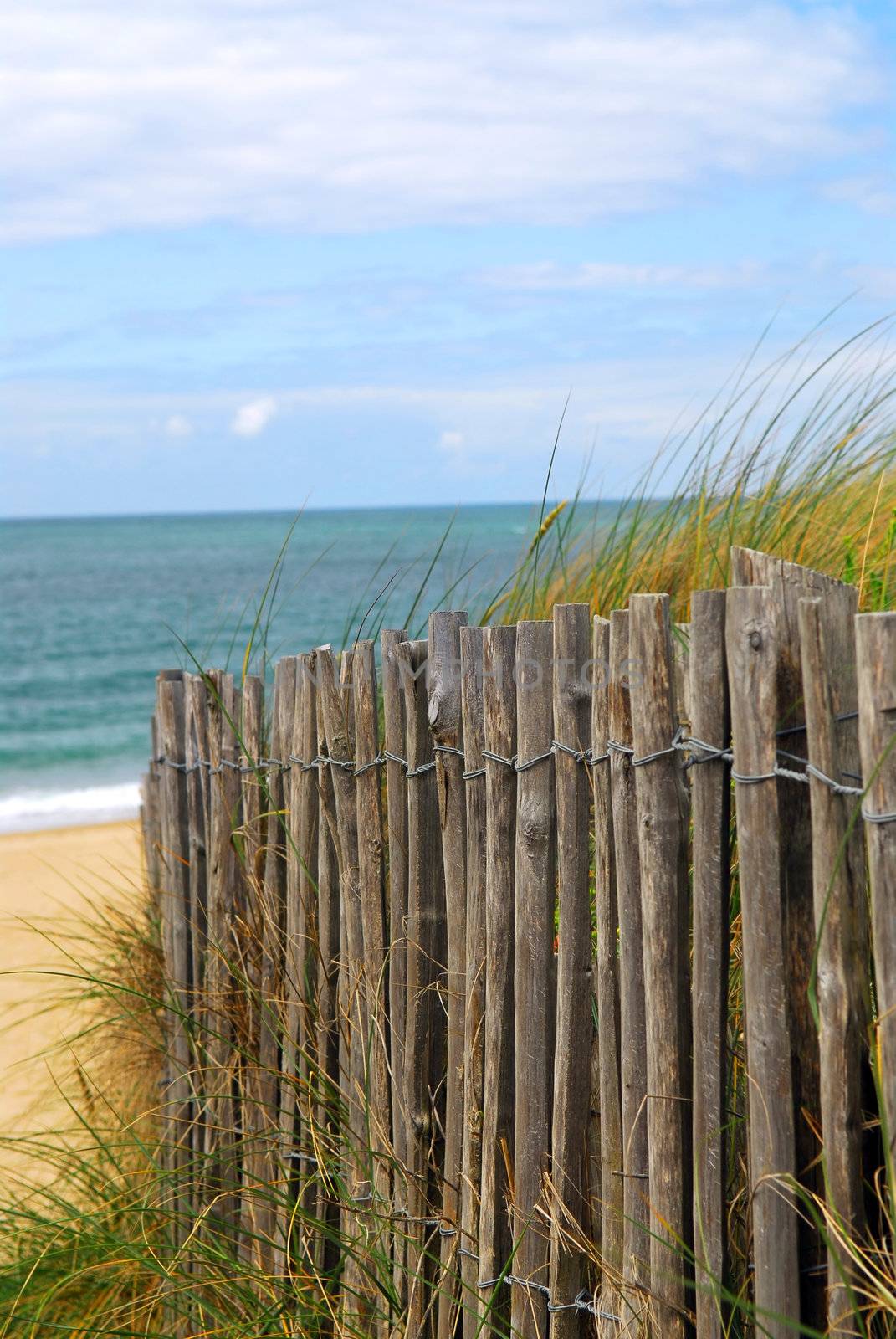 Old wooden fence on a beach in Brittany, France