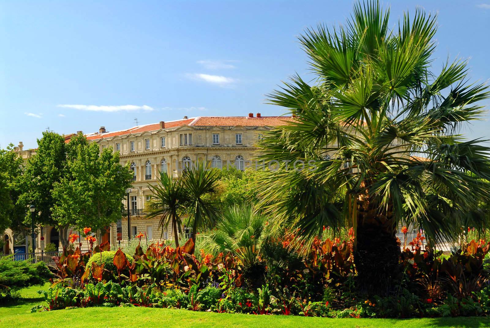 Lush green park in city of Nimes in southern France
