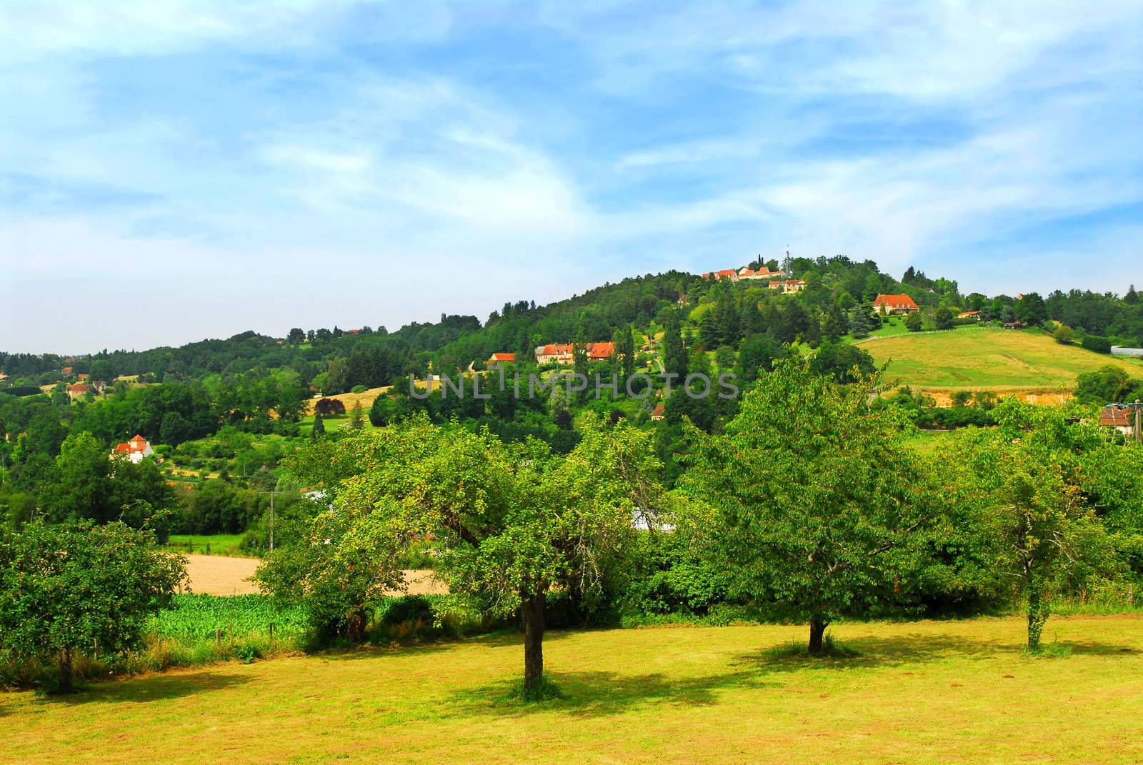 Scenic view on rural landscape in Perigord, France.