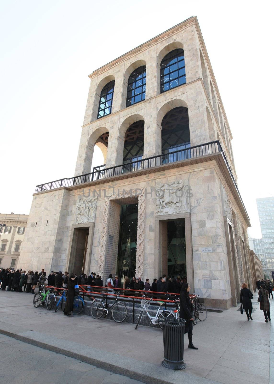 Entering the new Museo del Novecento, hosting Picasso, Cezanne, Fontana, Mondrian works of art in Milan, Italy