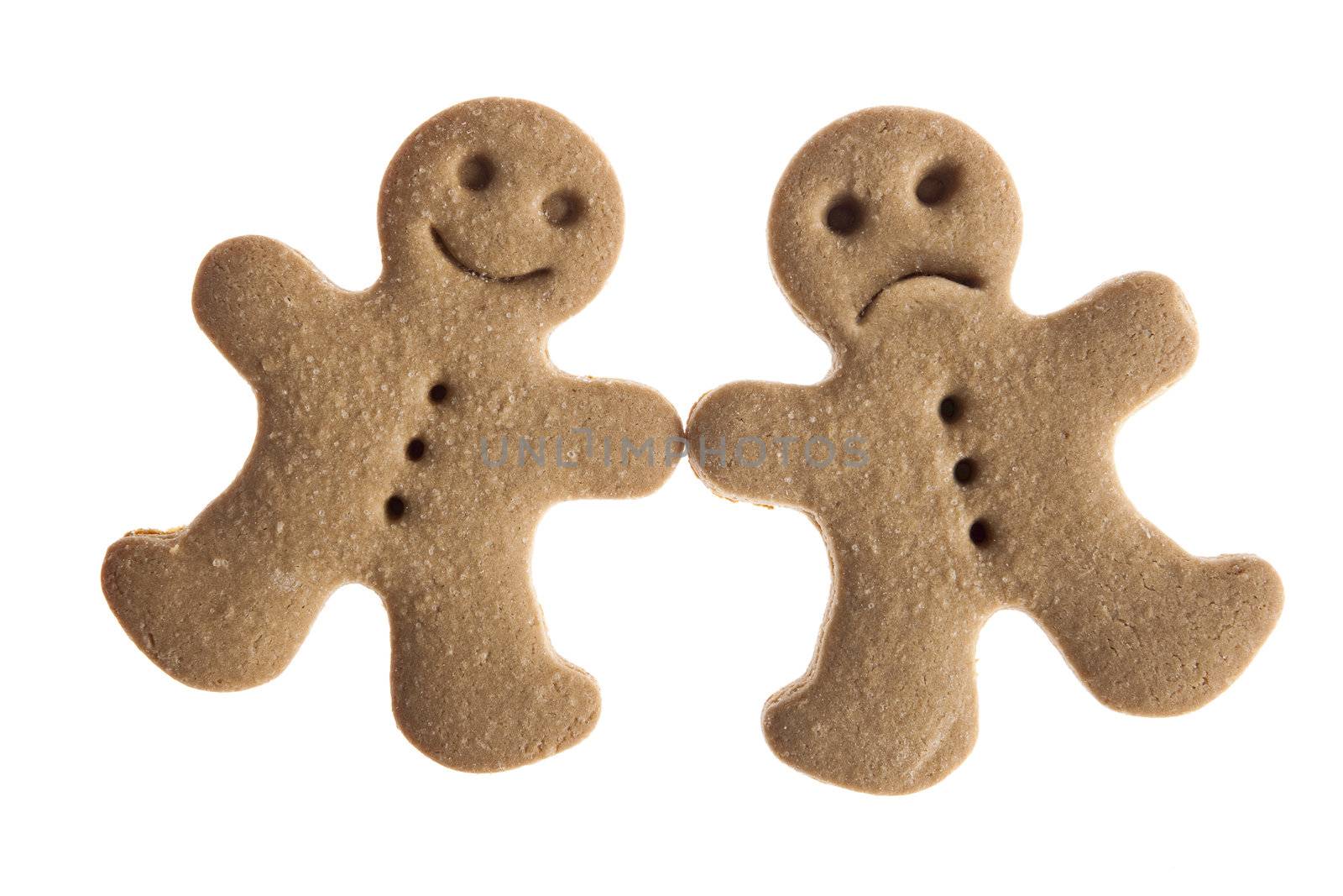 Homemade Gingerbread man cookies with different expressions isolated on white background