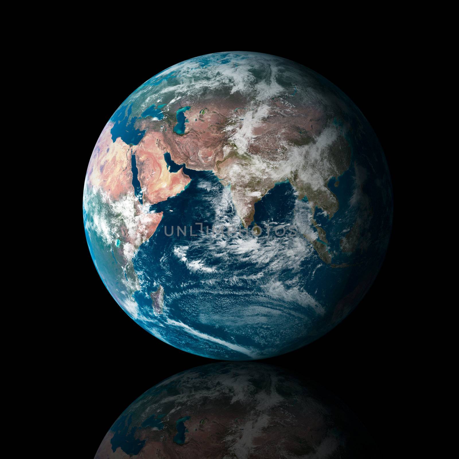 Our own earth over a black background with reflection. Maps comes from earthobservatory/nasa. 