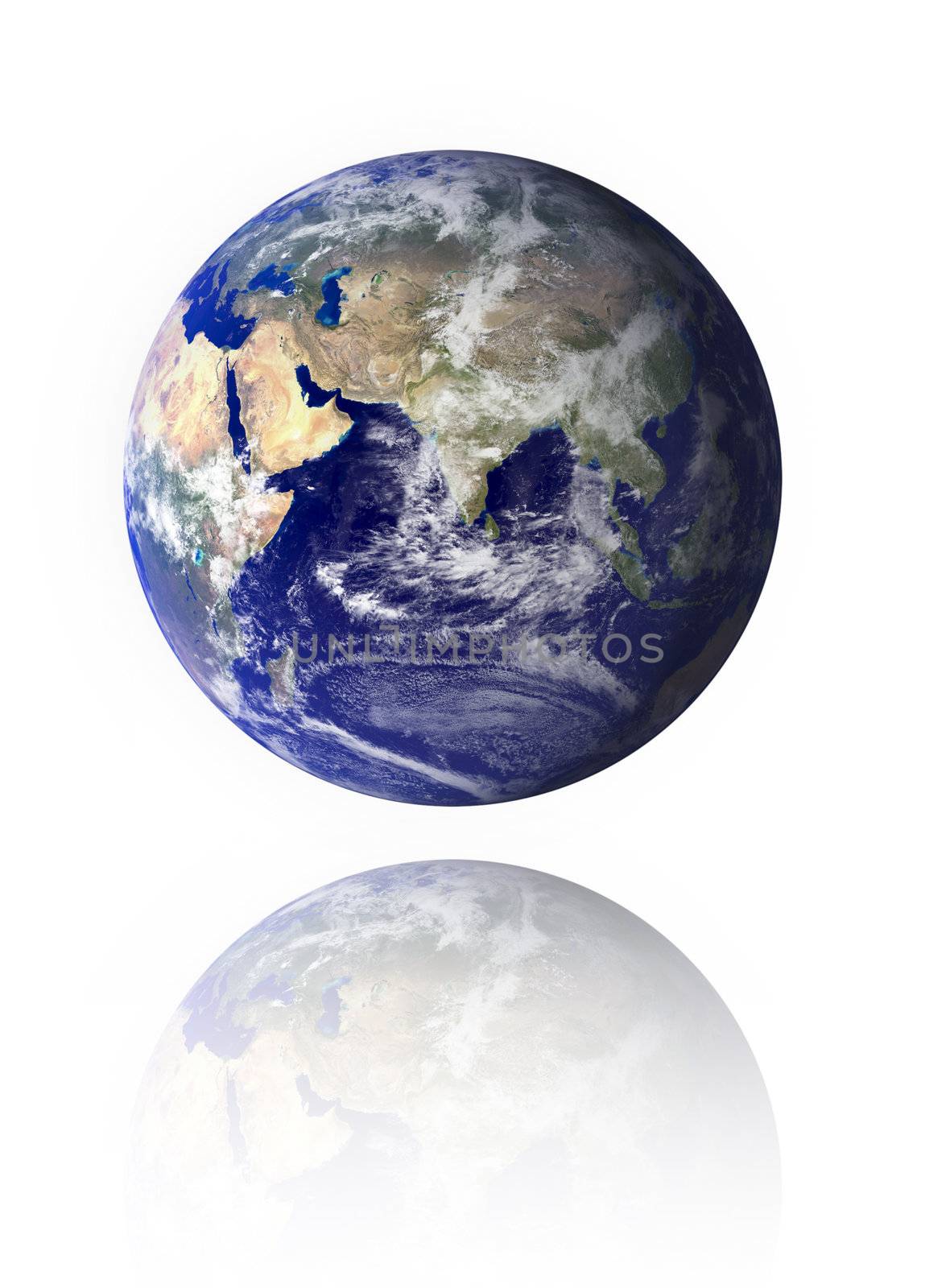 Our own earth over a white background with reflection.  Maps comes from earthobservatory/nasa. 