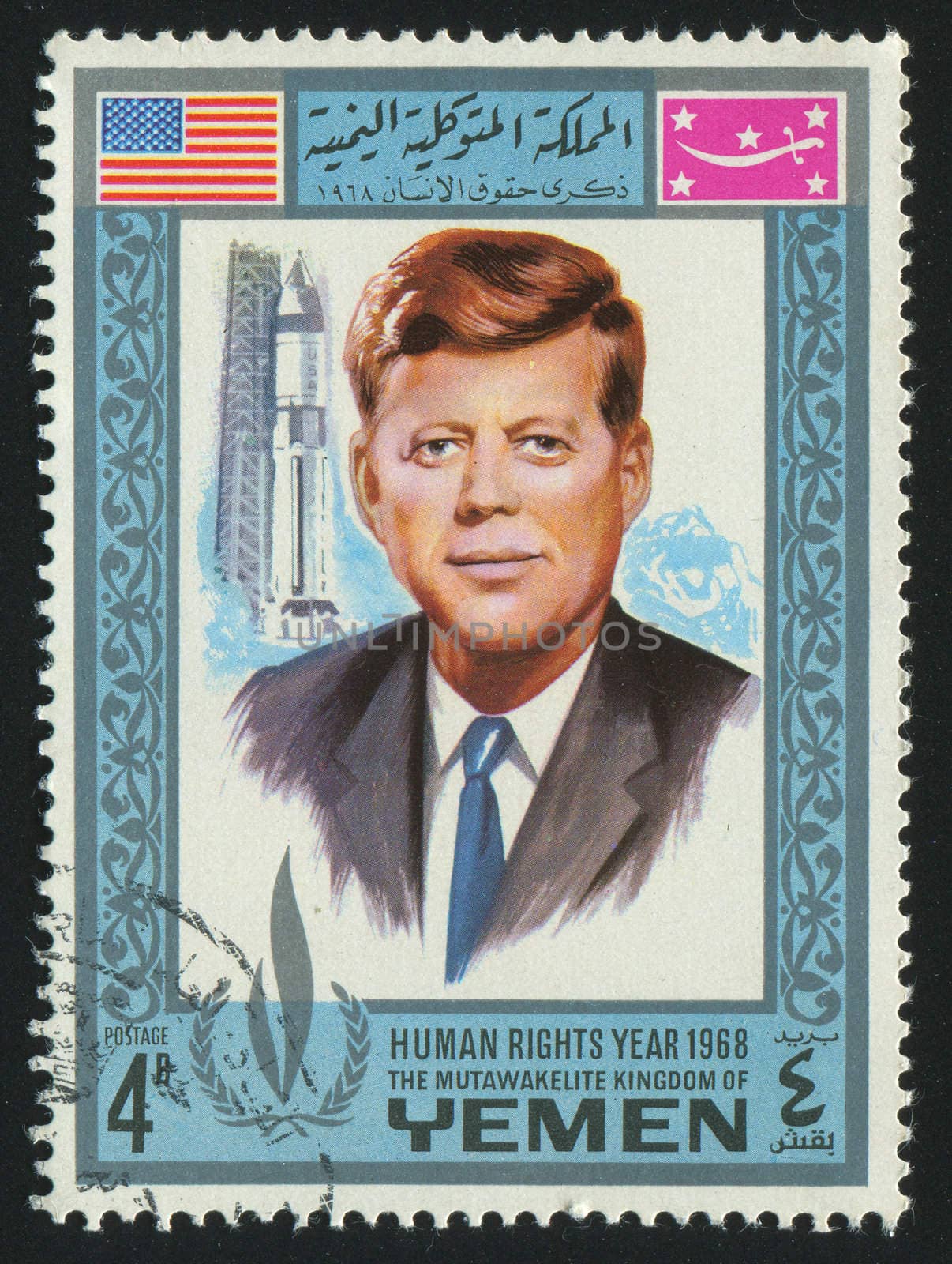 YEMEN - CIRCA 1968: stamp printed by Yemen, shows John Fitzgerald Kennedy was the 35th President of the United States, circa 1968.