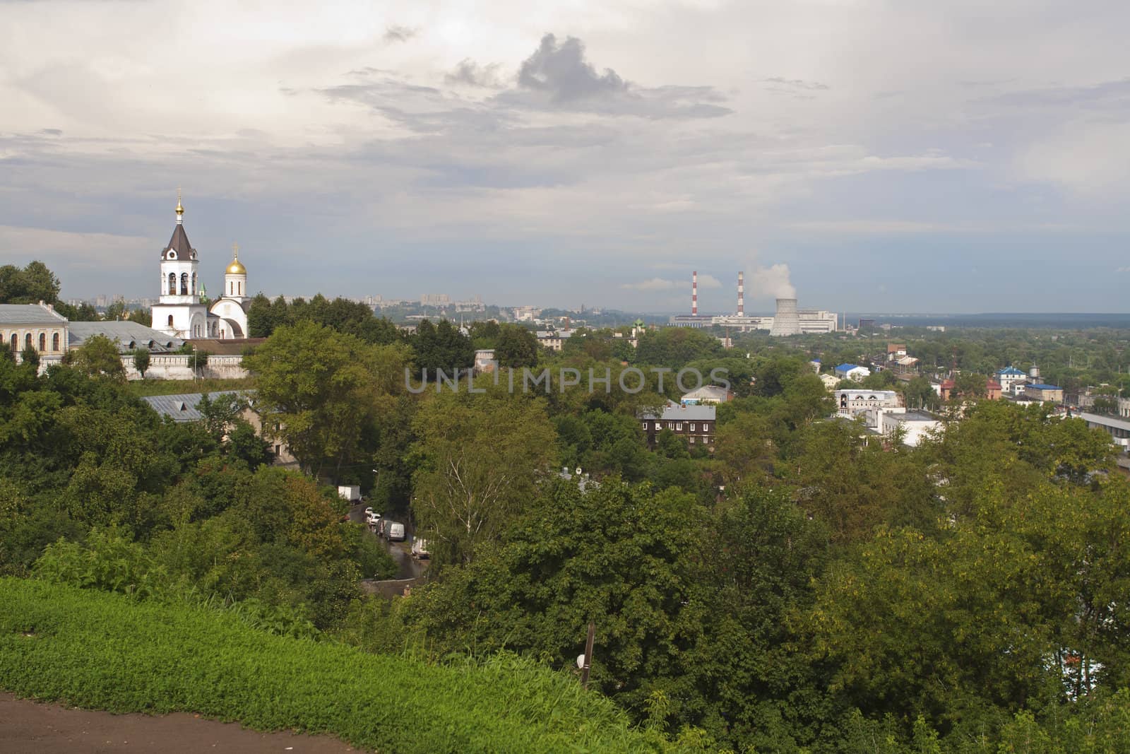 Historical and Industrial Vladimir city. Areal view up to horizon.