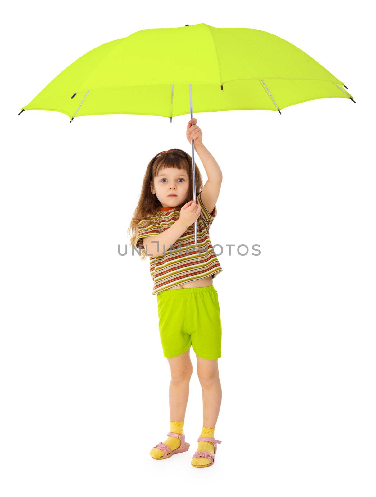 Child holds over his head a big green umbrella