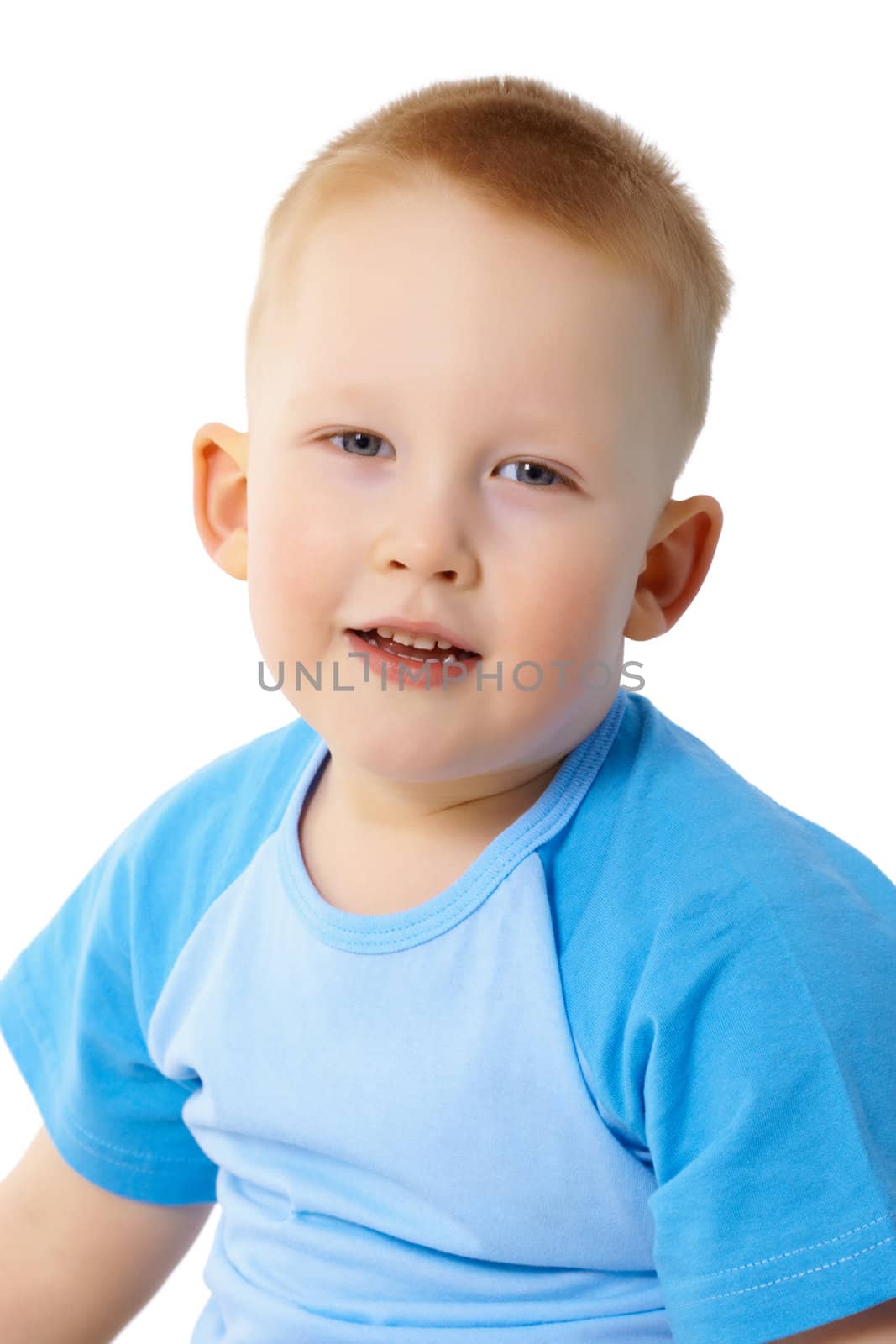 Portrait of a child in a blue T-shirt isolated on white background