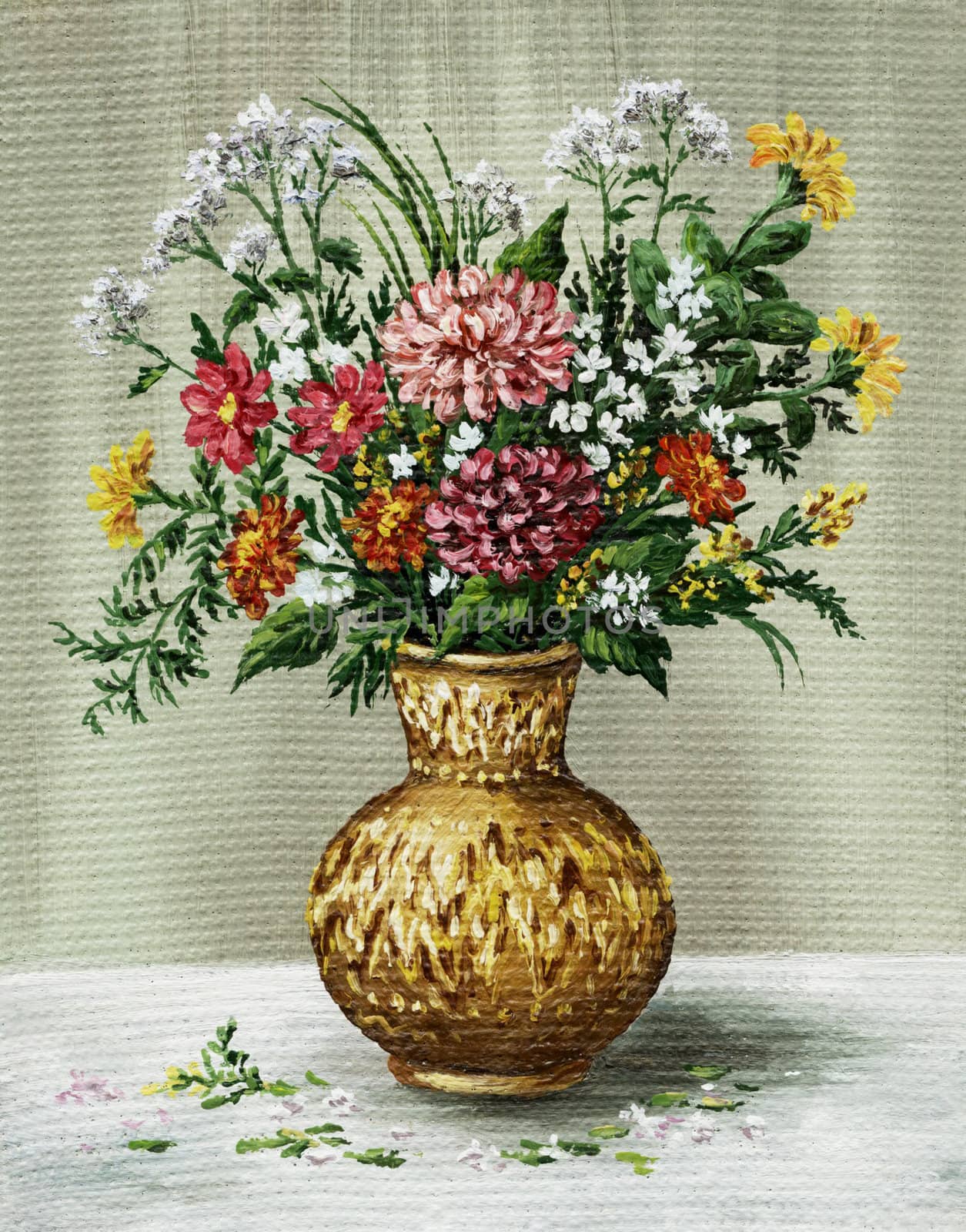 Picture oil paints on a canvas: a bouquet of flowers in the African vase