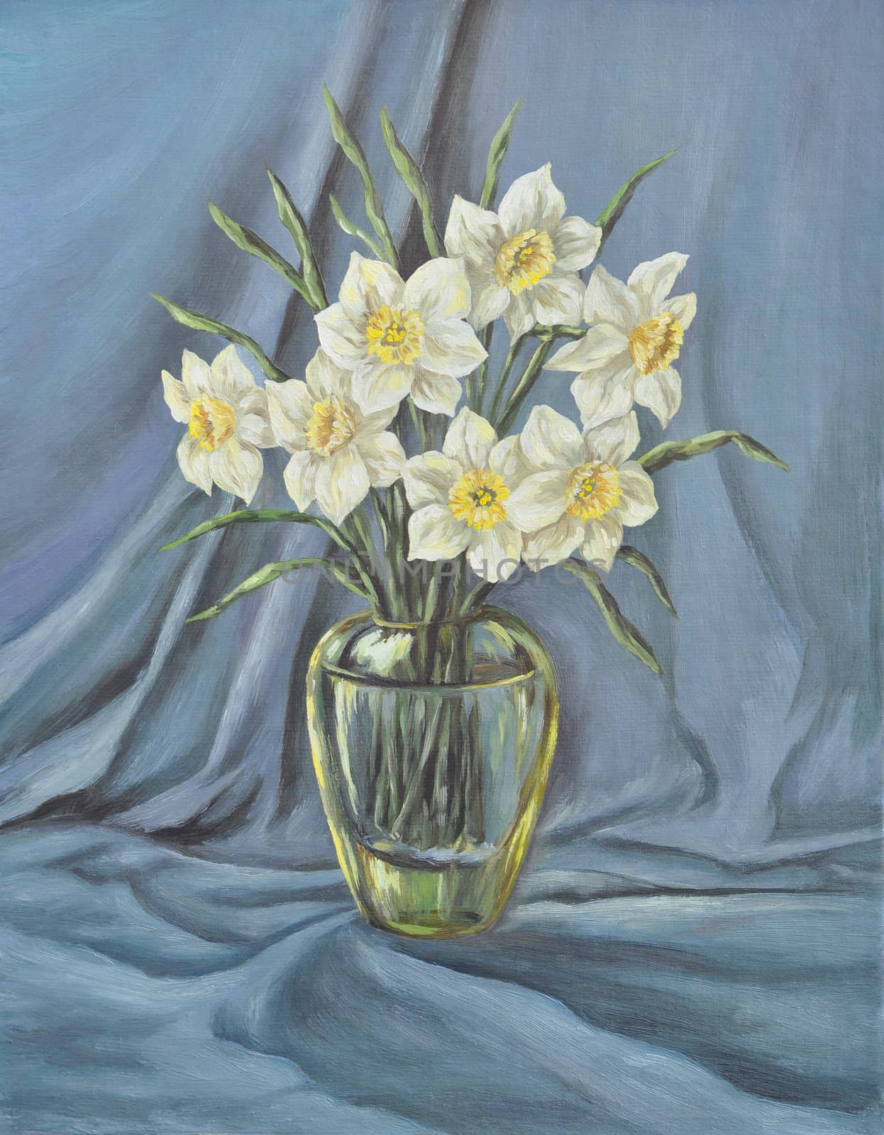 Picture oil paints on a canvas: glass vase with narcissus