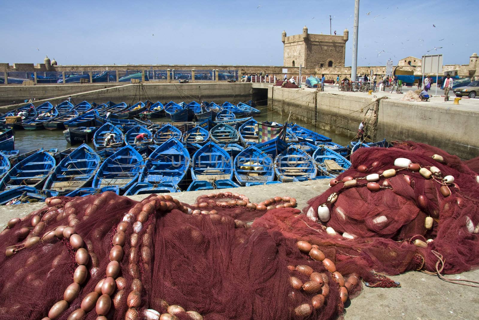 Boats and fishing nets in Essaouira, Morocco