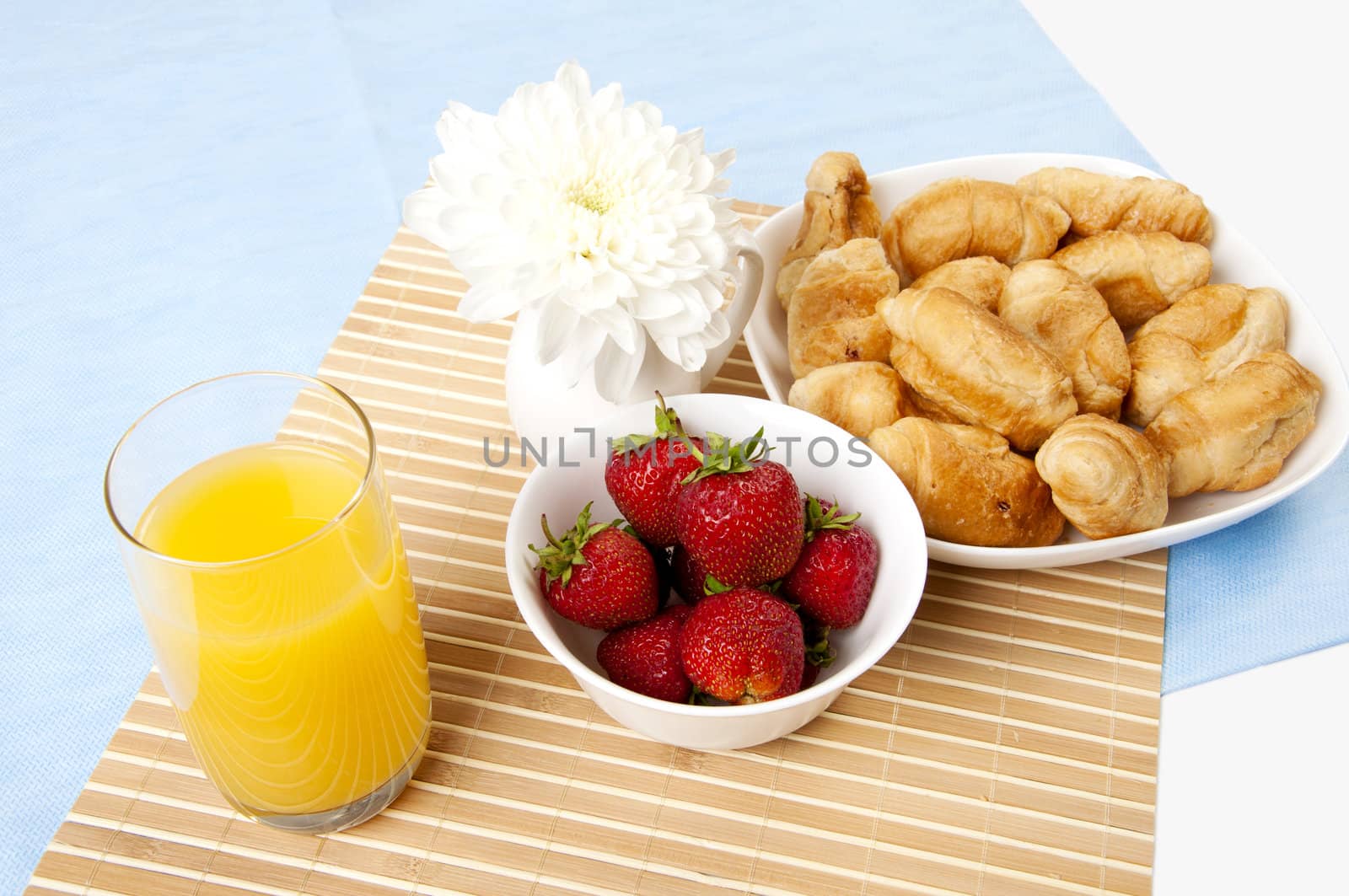 light Breakfast: orange juice, croissants and Berries on a table