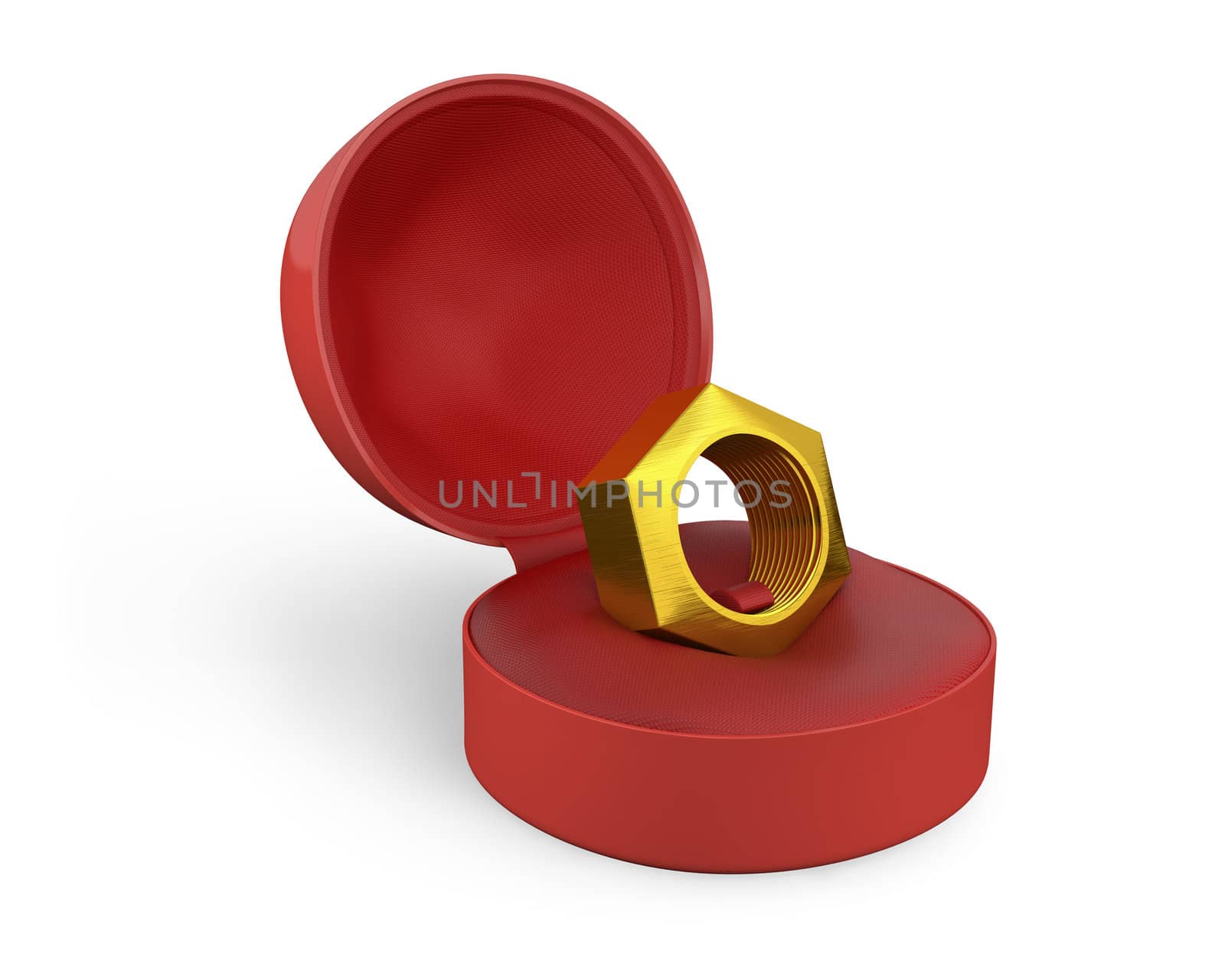 Golden female screw in a white ring box isolated on white background