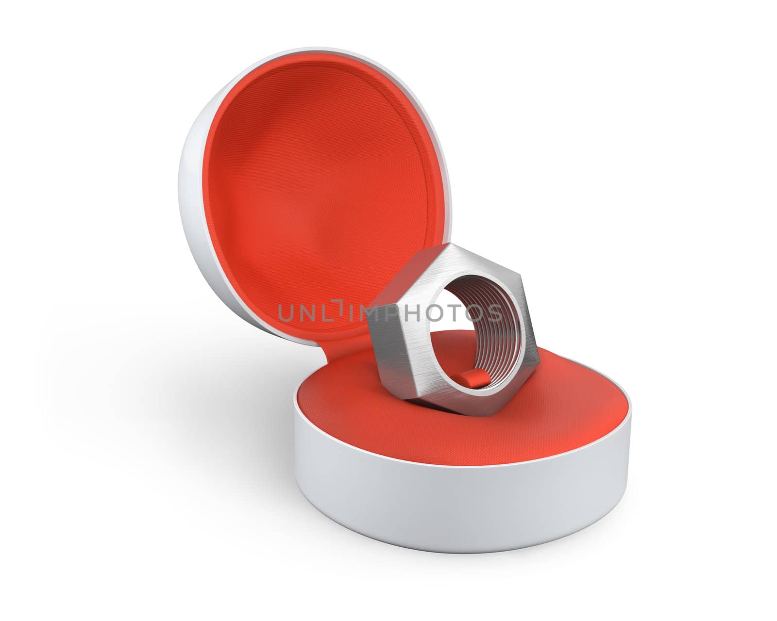 Silver female screw in a white ring box isolated on white background
