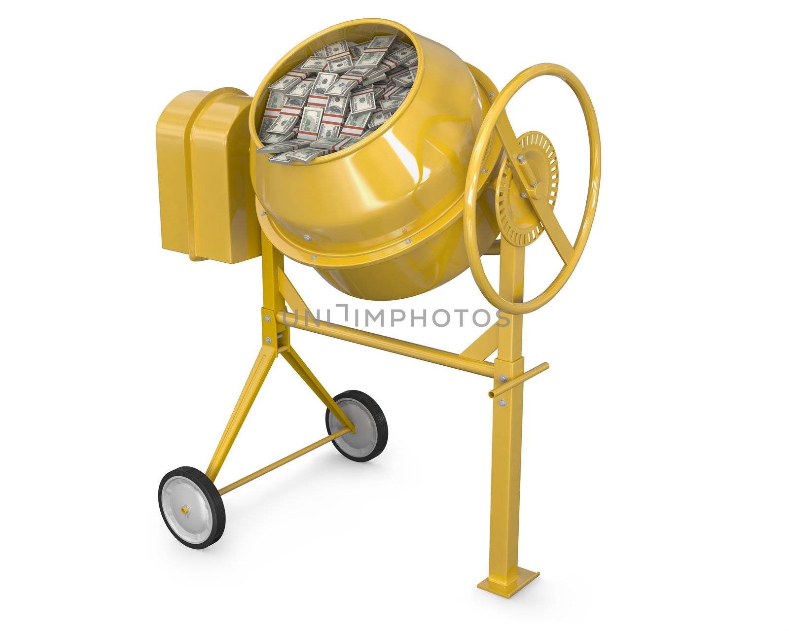 Concrete mixer full of dollars isolated on white background
