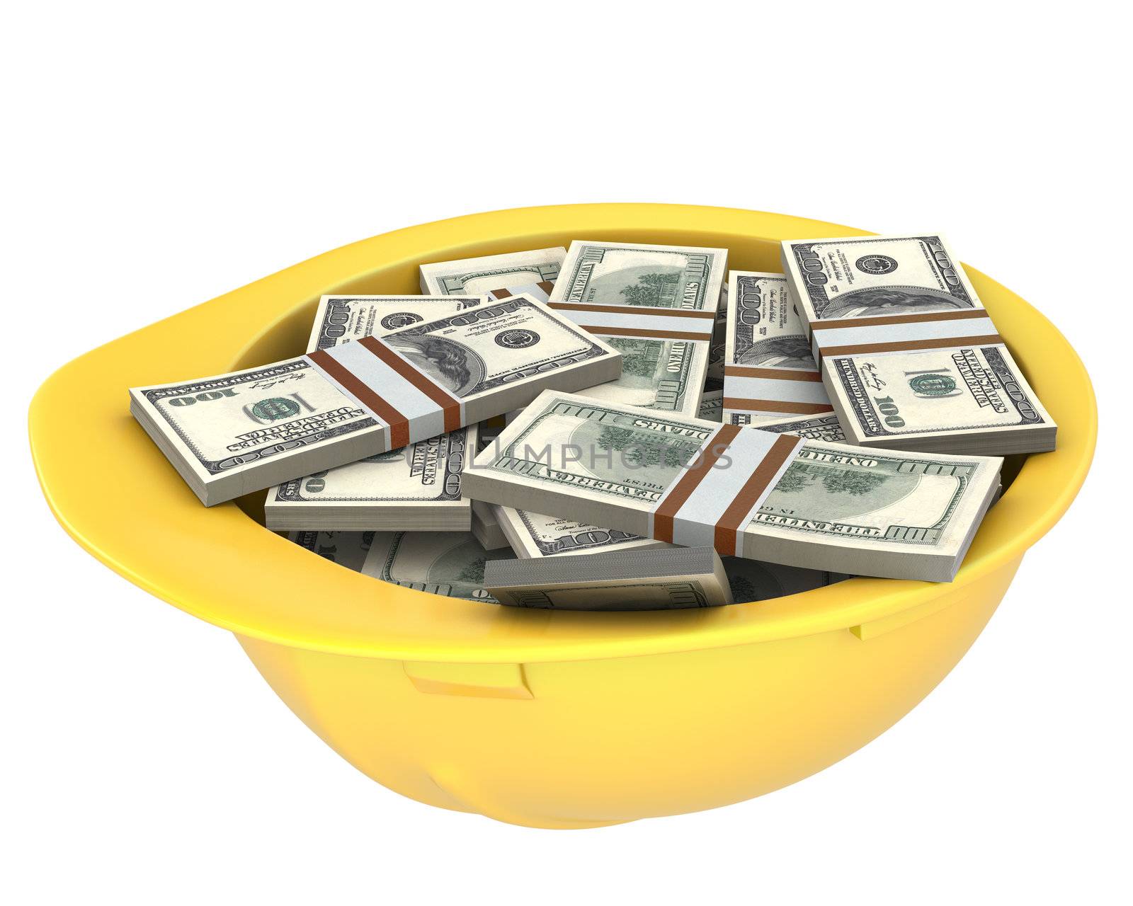 Yellow helmet full of dollars isolated on white background