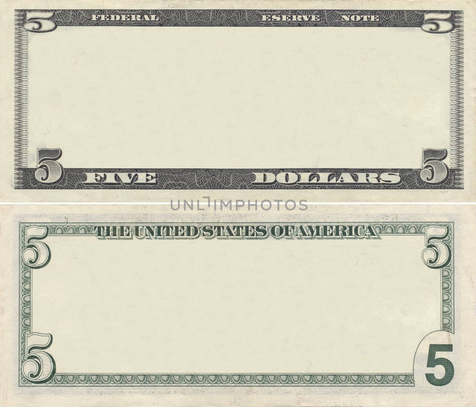 Clear 5 dollar banknote pattern for design purposes