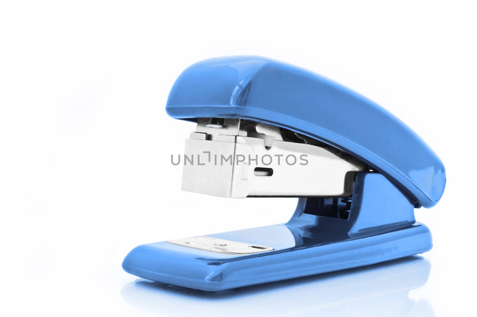Close up of a single blue office stapler isolated over white