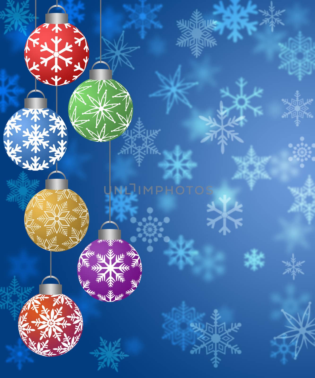 Colorful Hanging Christmas Ornament on Blurred Snowflakes Background