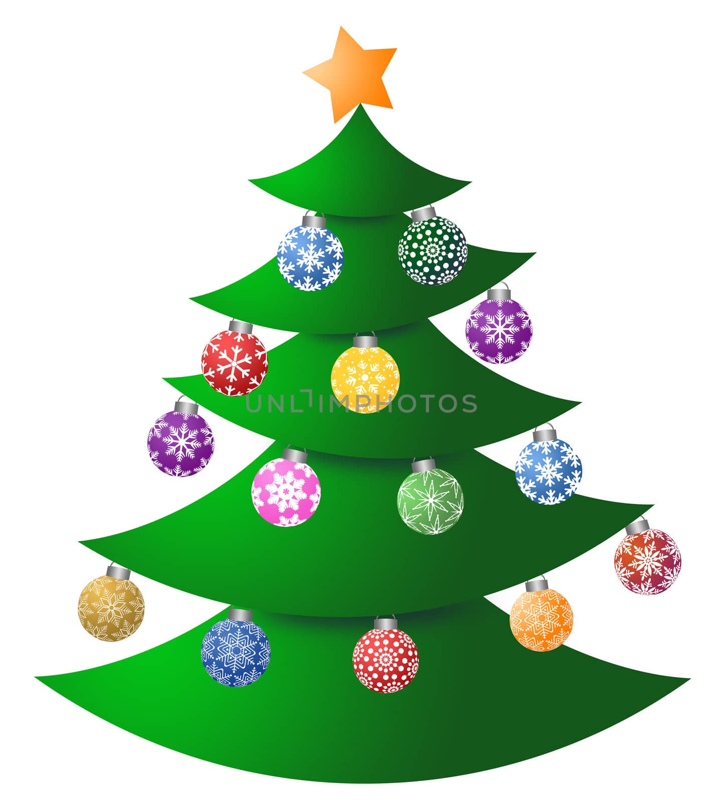 Christmas Tree with Colorful Ornaments and Tree Topper Illustration