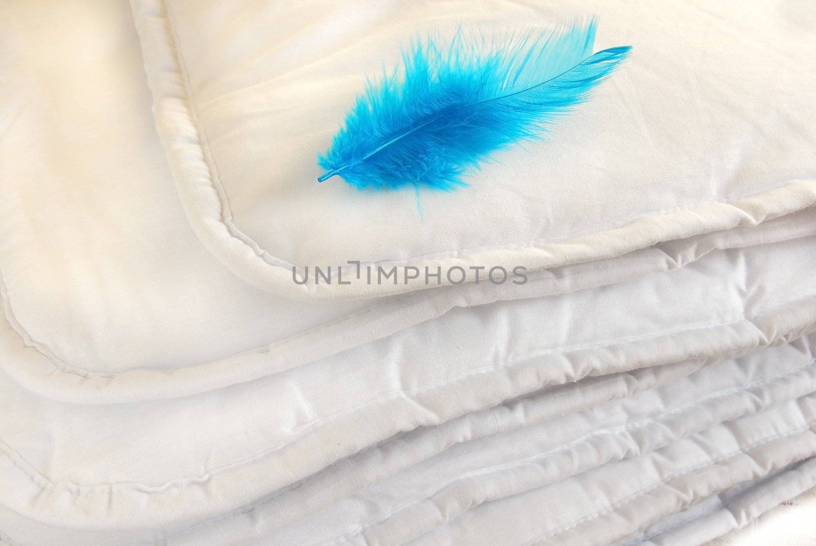 white folded cotton duvet background with blue feather