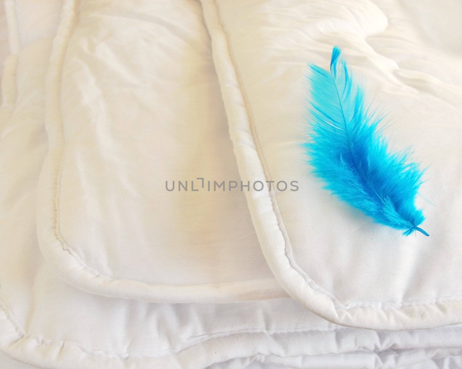 white folded cotton duvet background with blue feather