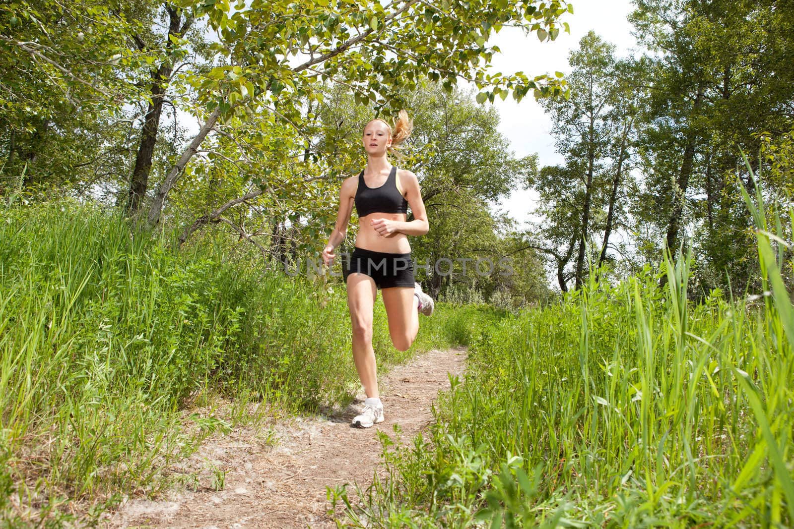 woman jogging in a park by leaf