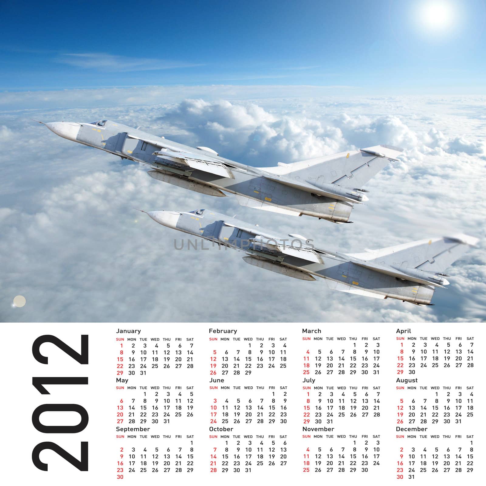 2012 Calendar with a military plane in the sky and clouds