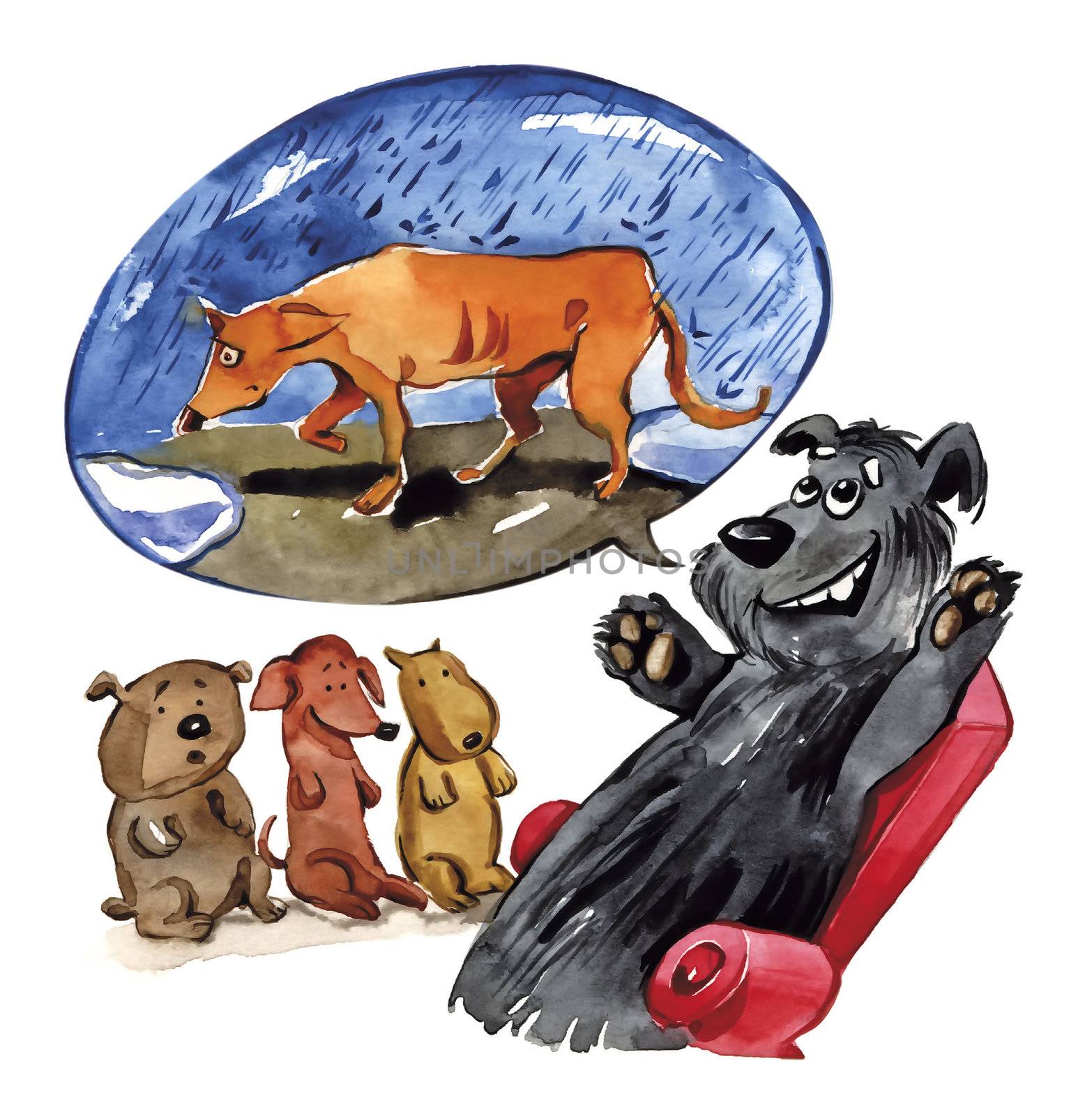 humorous illustration of shaggy dog telling puppies a story