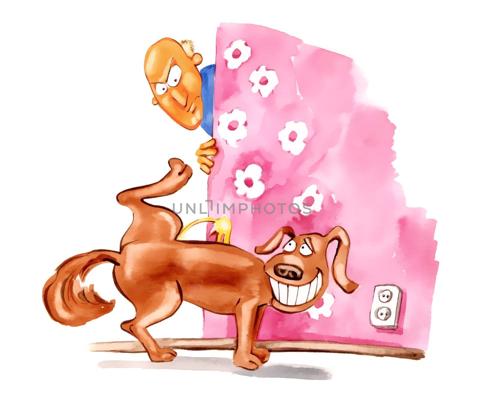 humorous illustration of naughty dog and his angry owner