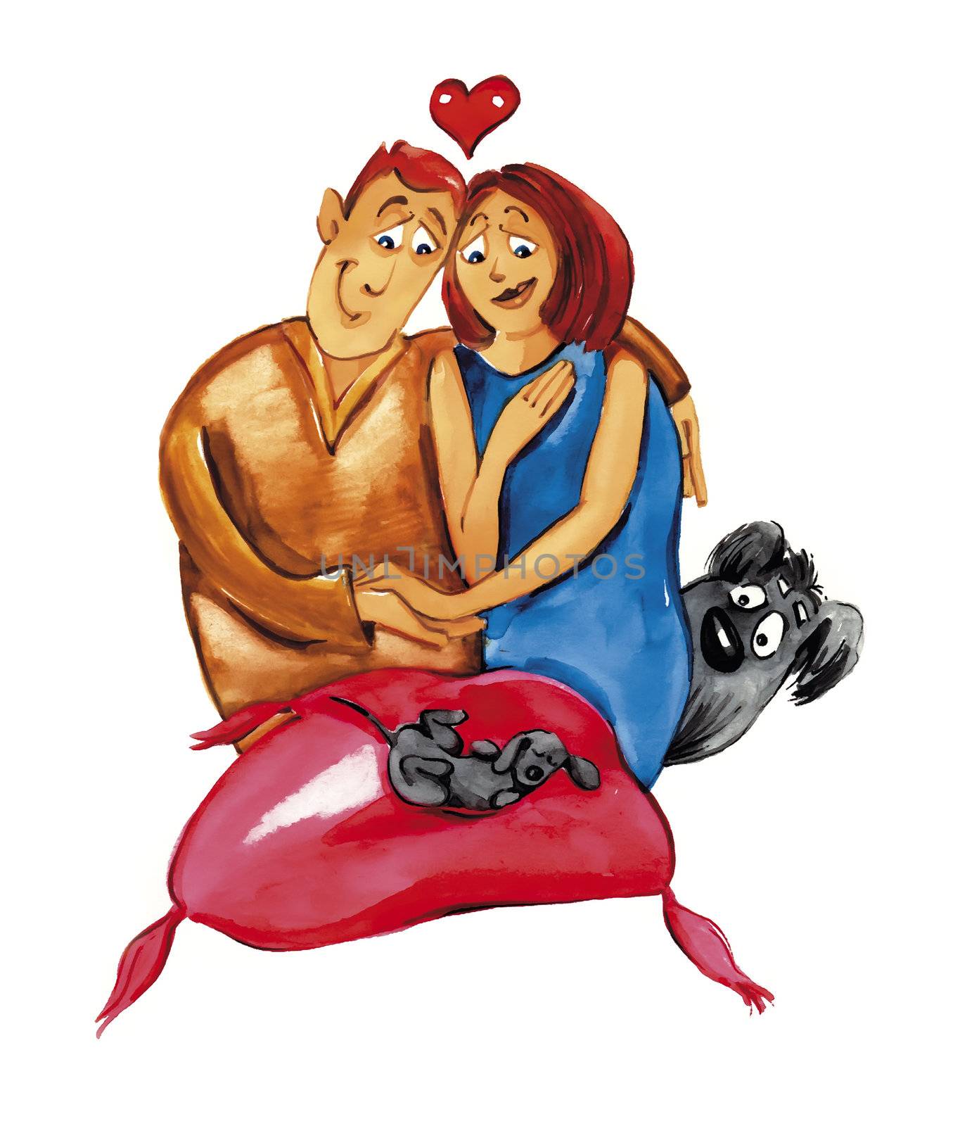 humorous illustration of couple with shaggy dog and cute little puppy