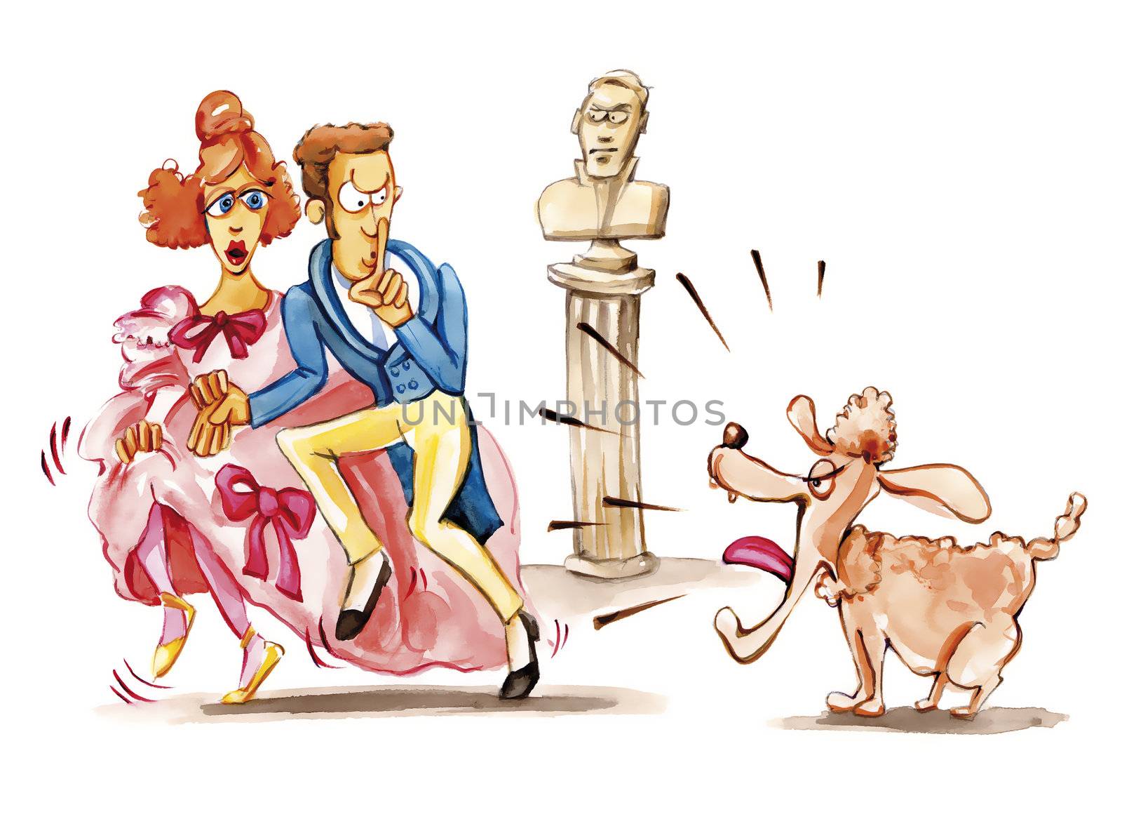 illustration of sneaking lovers and barking dog