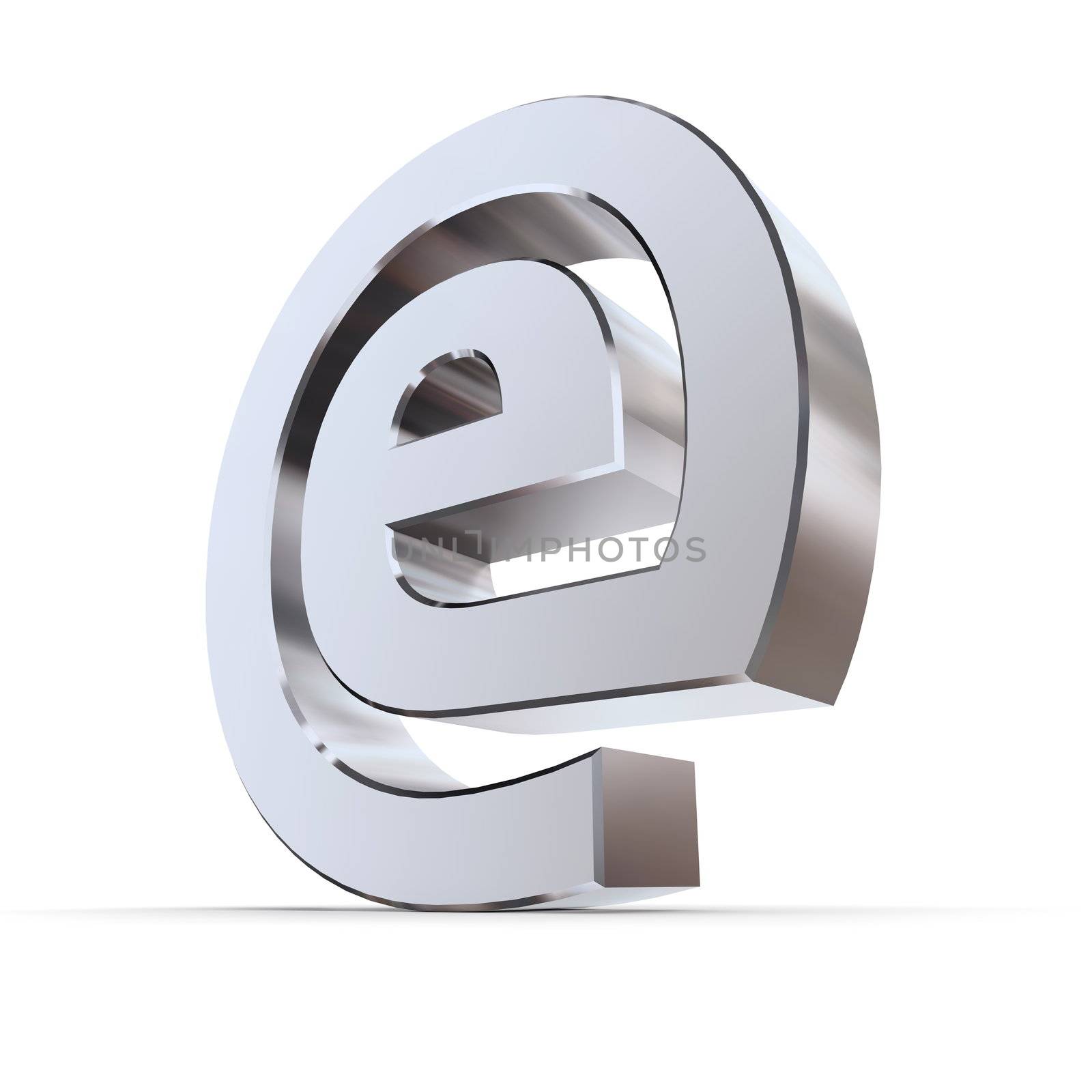 shiny metallic e sign in an AT symbol look - silver/chrome style - low camera angle