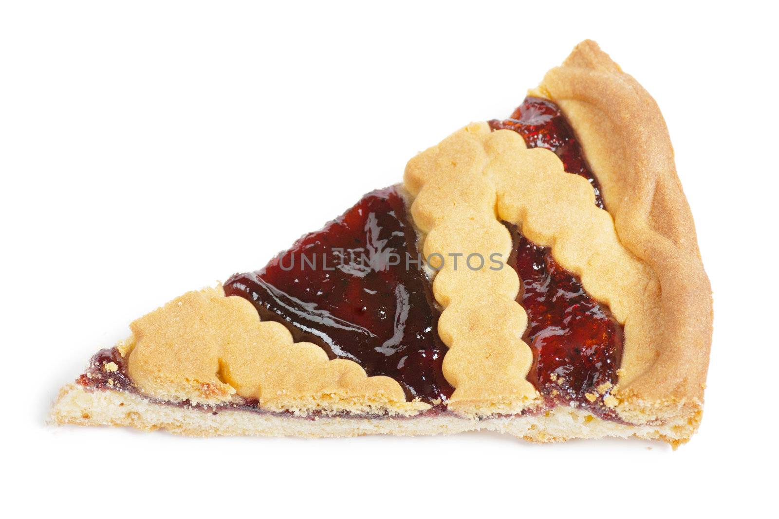 A piece of cherry pie over white background