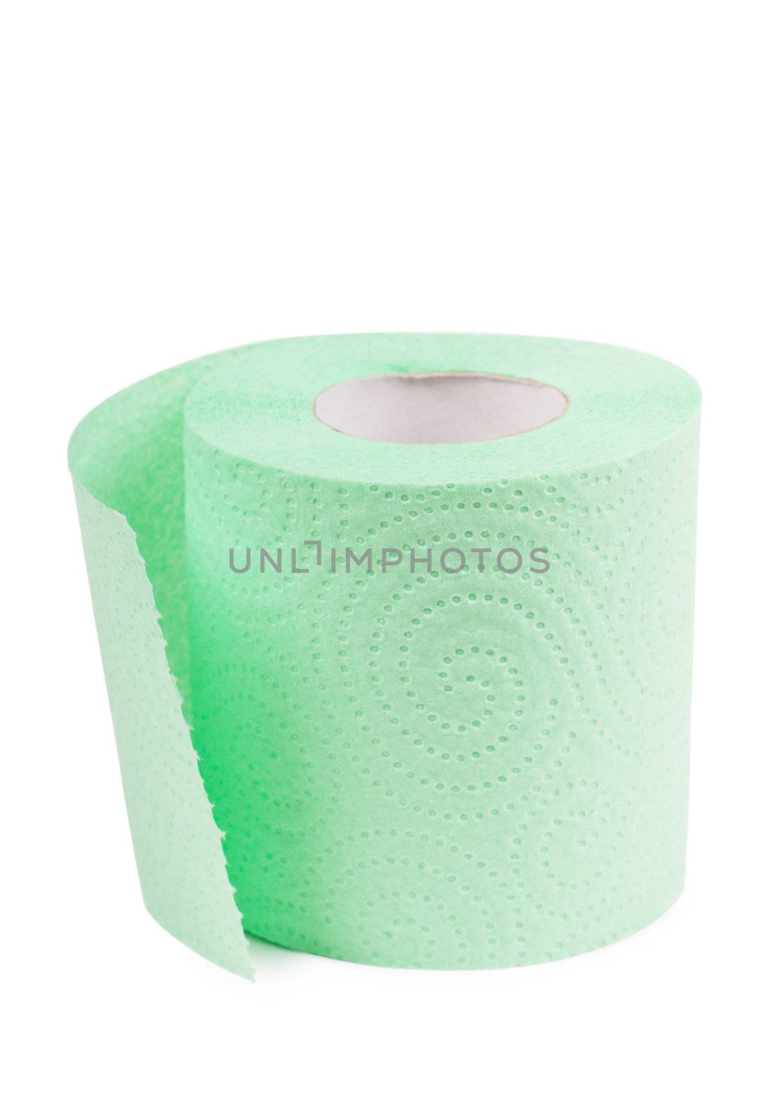Single green toilet paper isolated over white