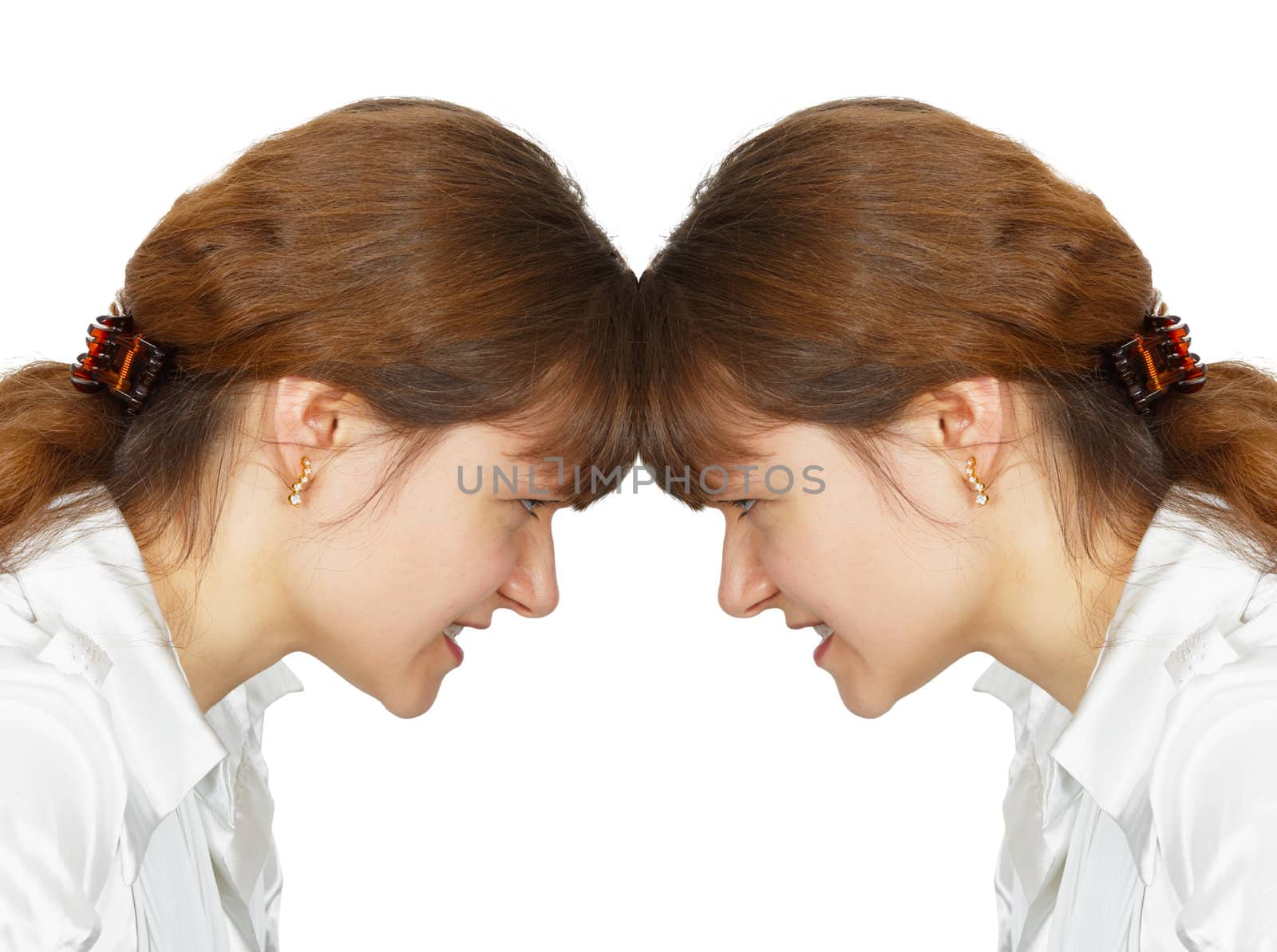 A woman facing her forehead with herself isolated on white background