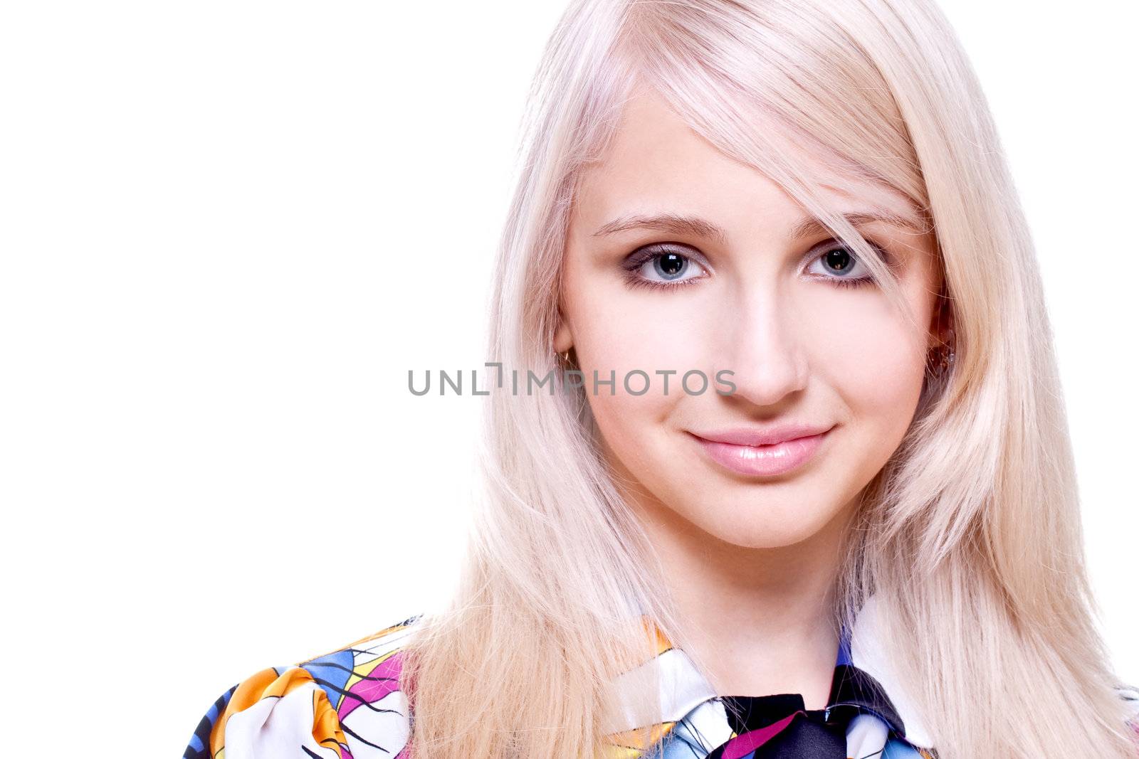 beautiful women in a colored shirt on a white background isolated