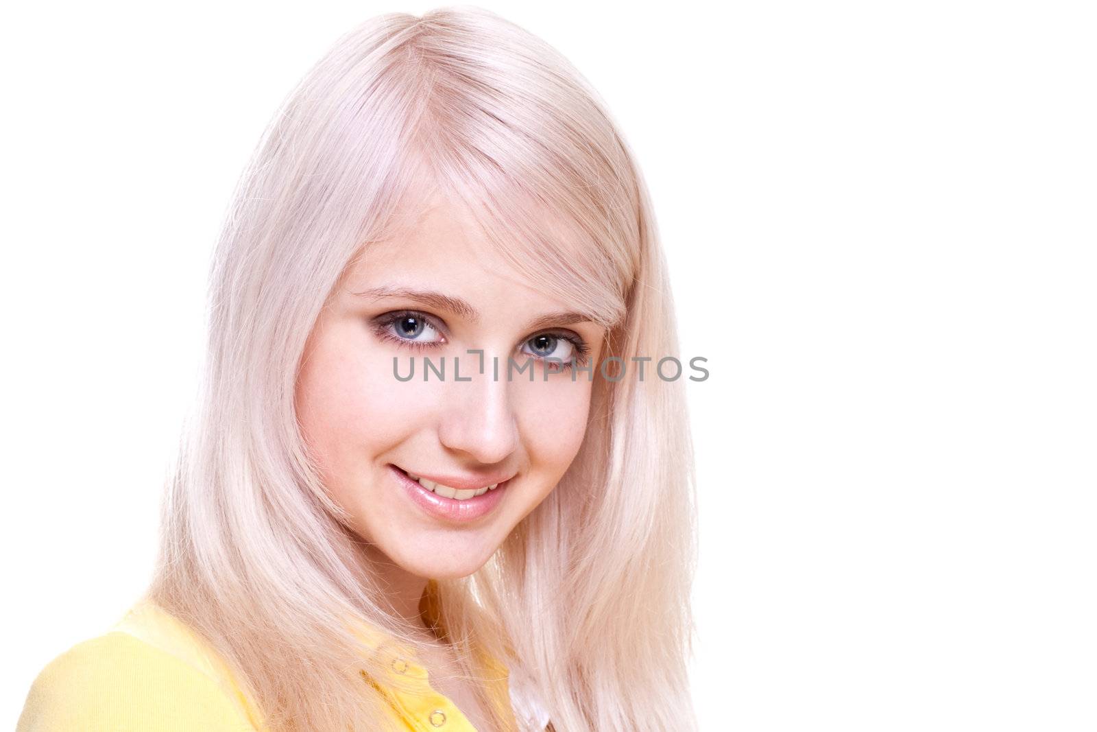 beautiful women in a yellow shirt on a white background isolated