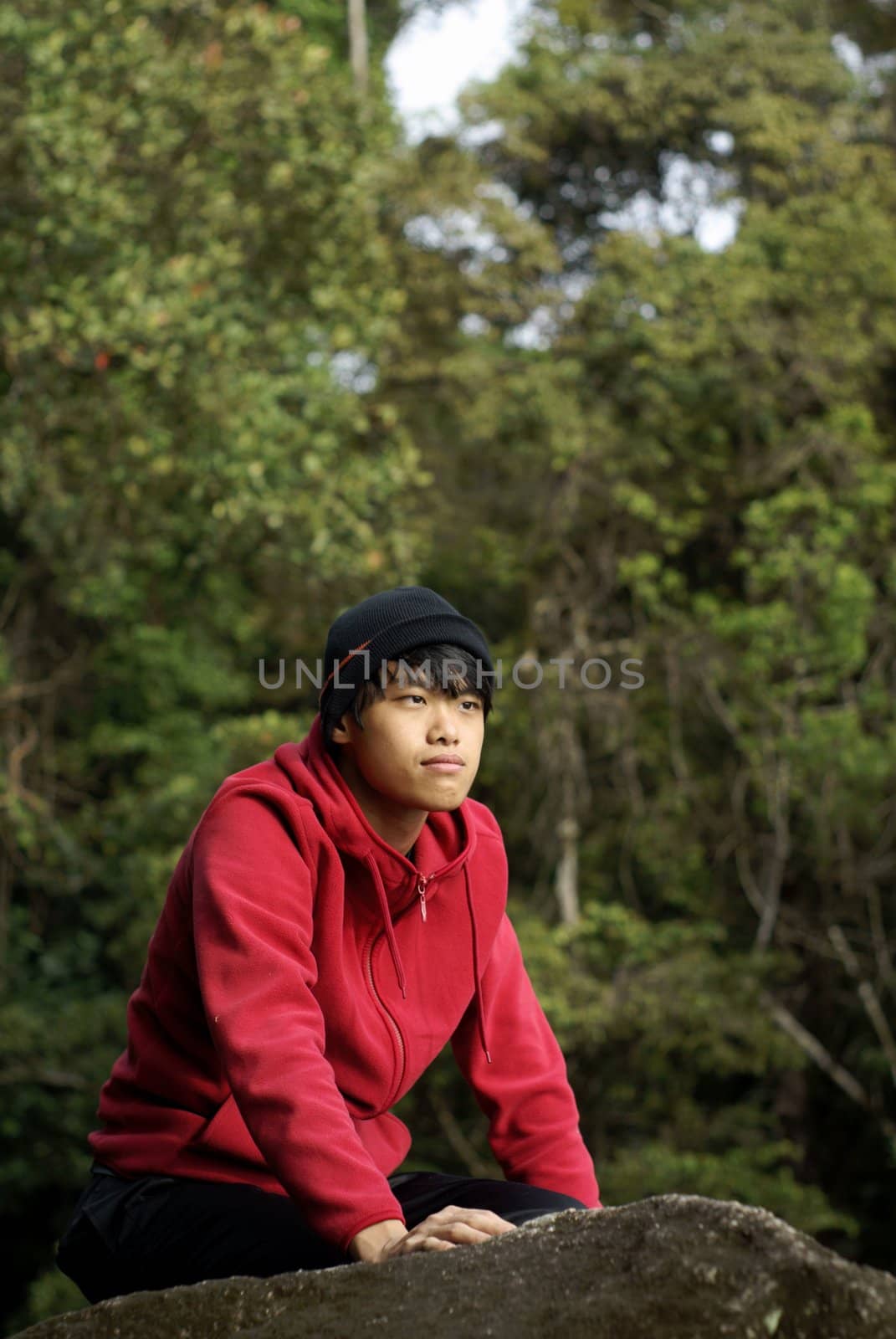 Asian man kneeling on rock outdoors looking far away