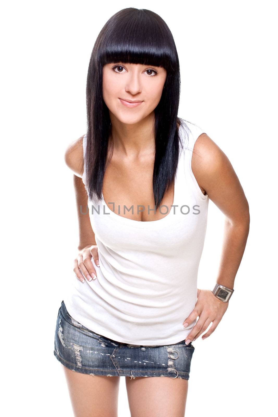 beautiful woman in a white T-shirt on a white background isolated