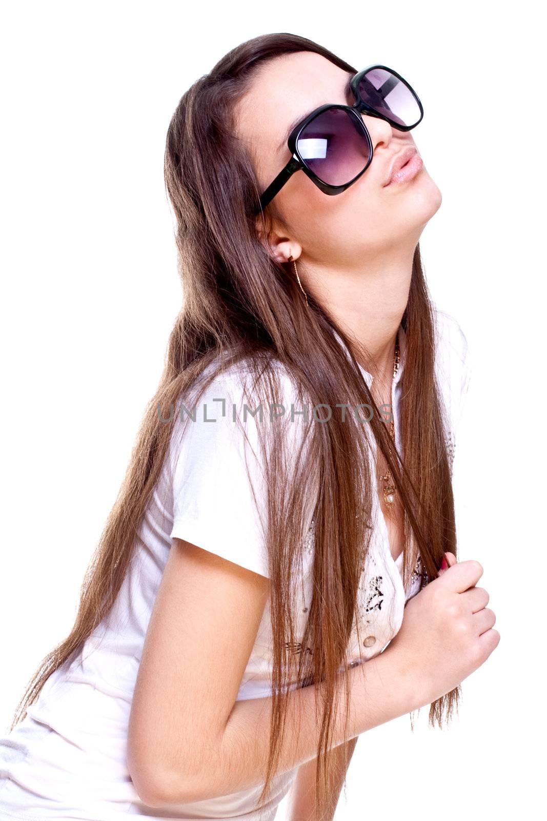 woman in a white shirt with the glasses on a white background