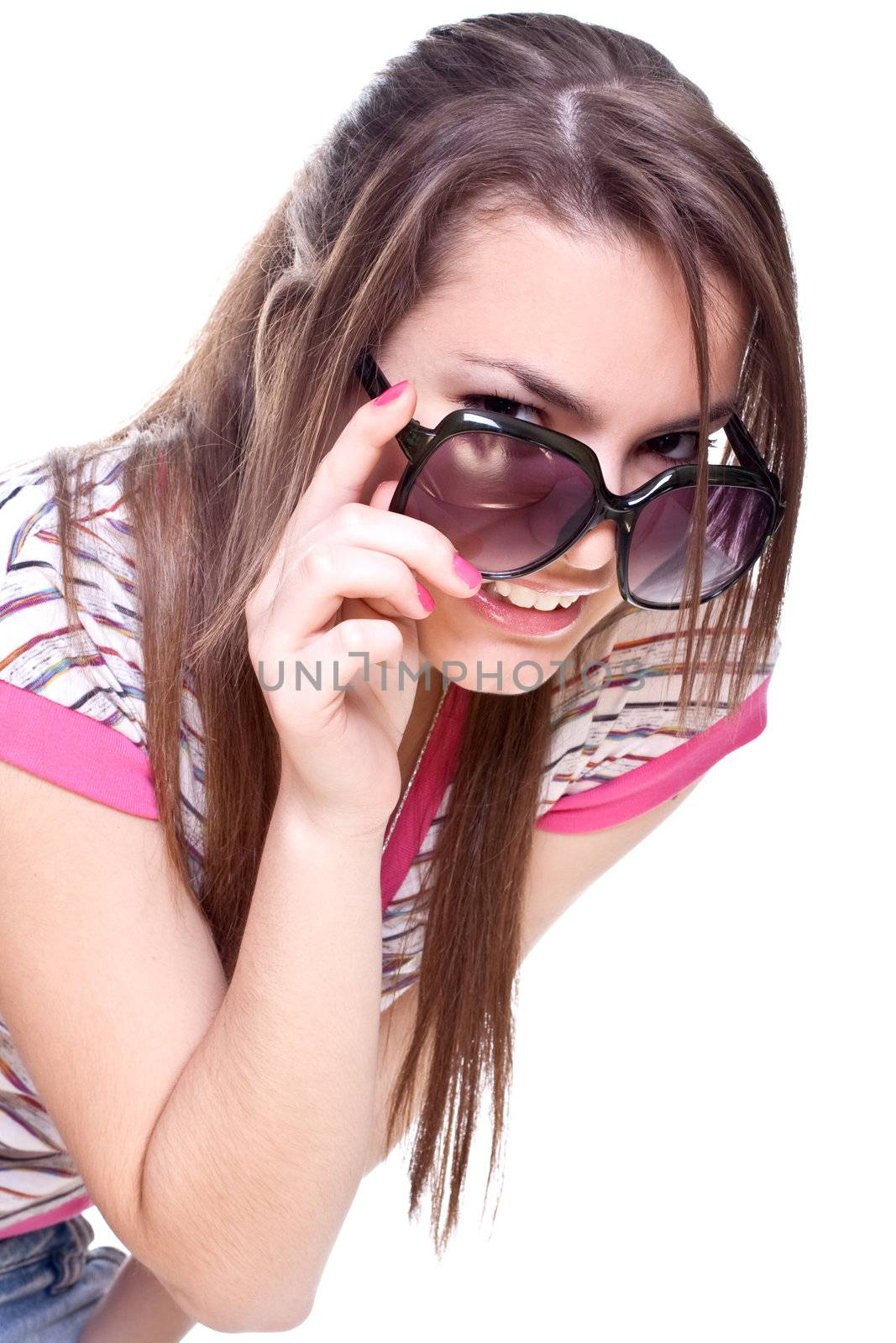 woman in a pink shirt with the glasses on a white background