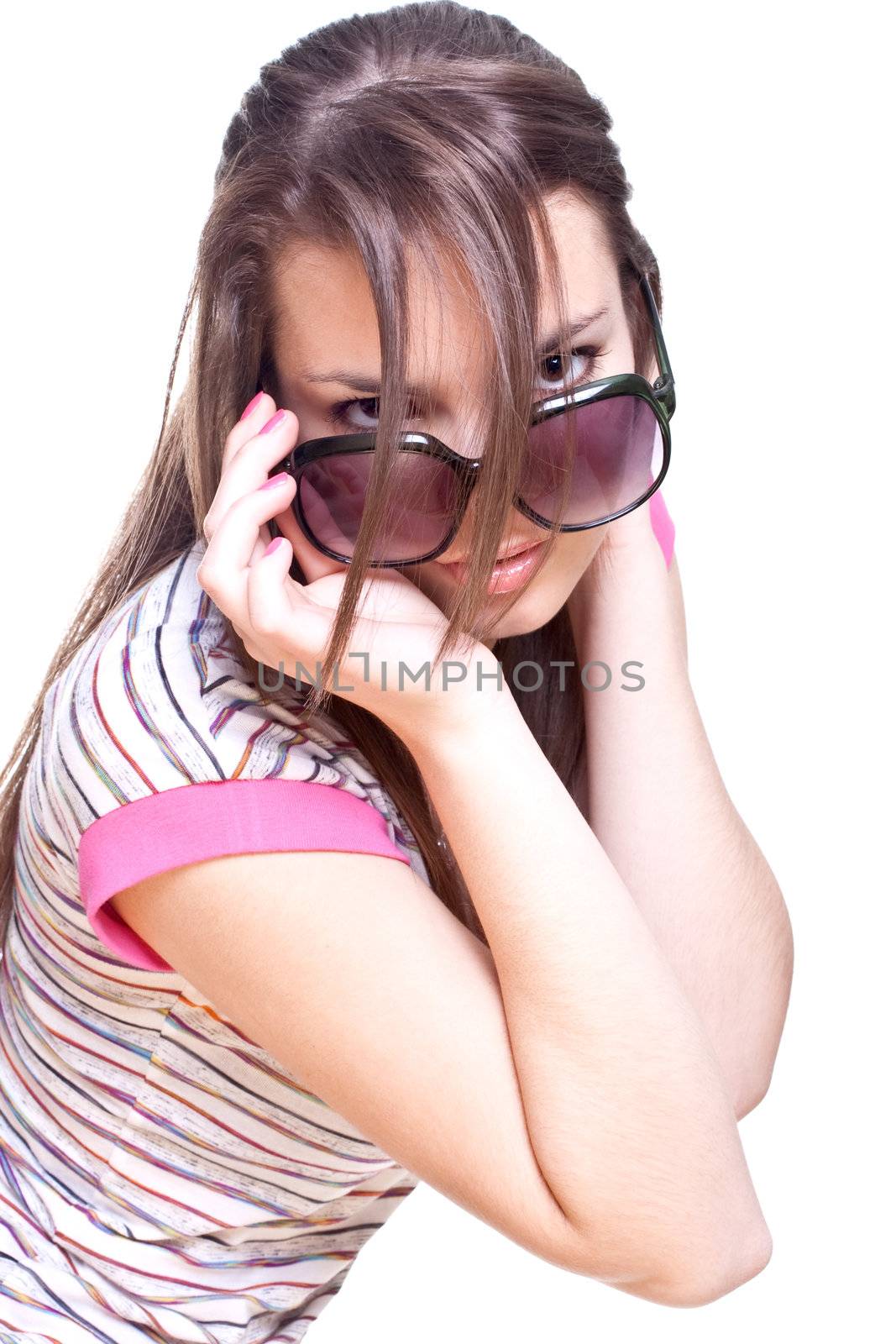woman in a pink shirt with the glasses on a white background